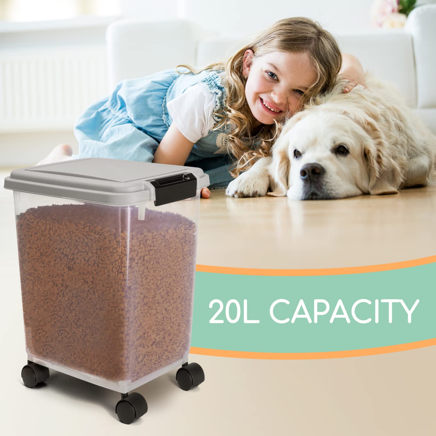 Nobleza 20L/7.5KG Airtight Pet Food Storage Container with Wheels & Measuring Scoop - BPA-Free Plastic Bin for Dog, Cat & Animal Dry Food - Large Transparent Seed Dispenser with Flip-Up Lid - Perfect for Home, Kitchen & Pet Storage Organization