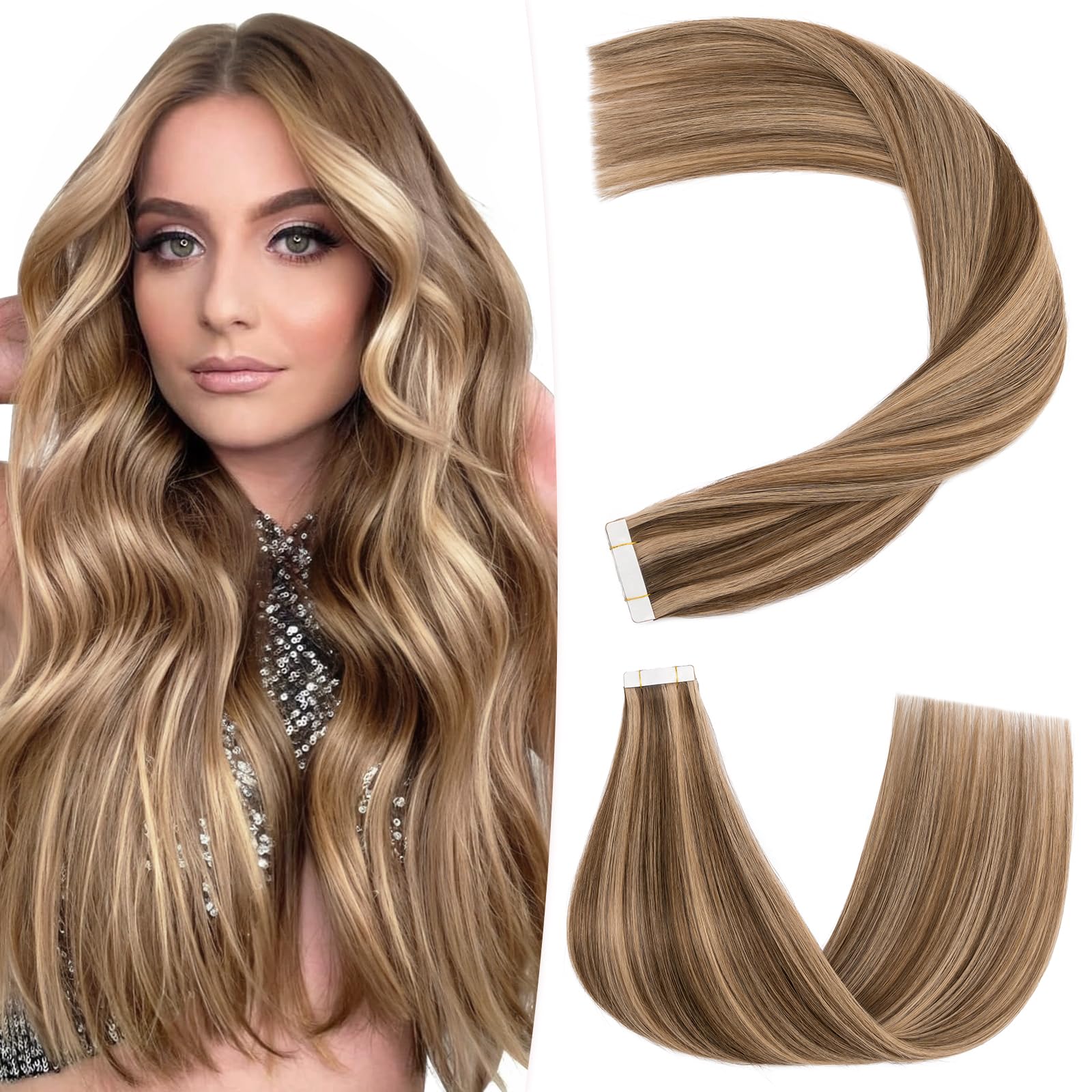 Premium Hairro Glue-In Human Hair Extensions – 18 Inch 50g 20pcs Tape-In Weft with Double-Sided Adhesive – Natural #4P27 Medium Brown & Dark Blonde Balayage Highlights – Perfect for Volume, Length & Styling for Parties, Weddings & Daily Wear