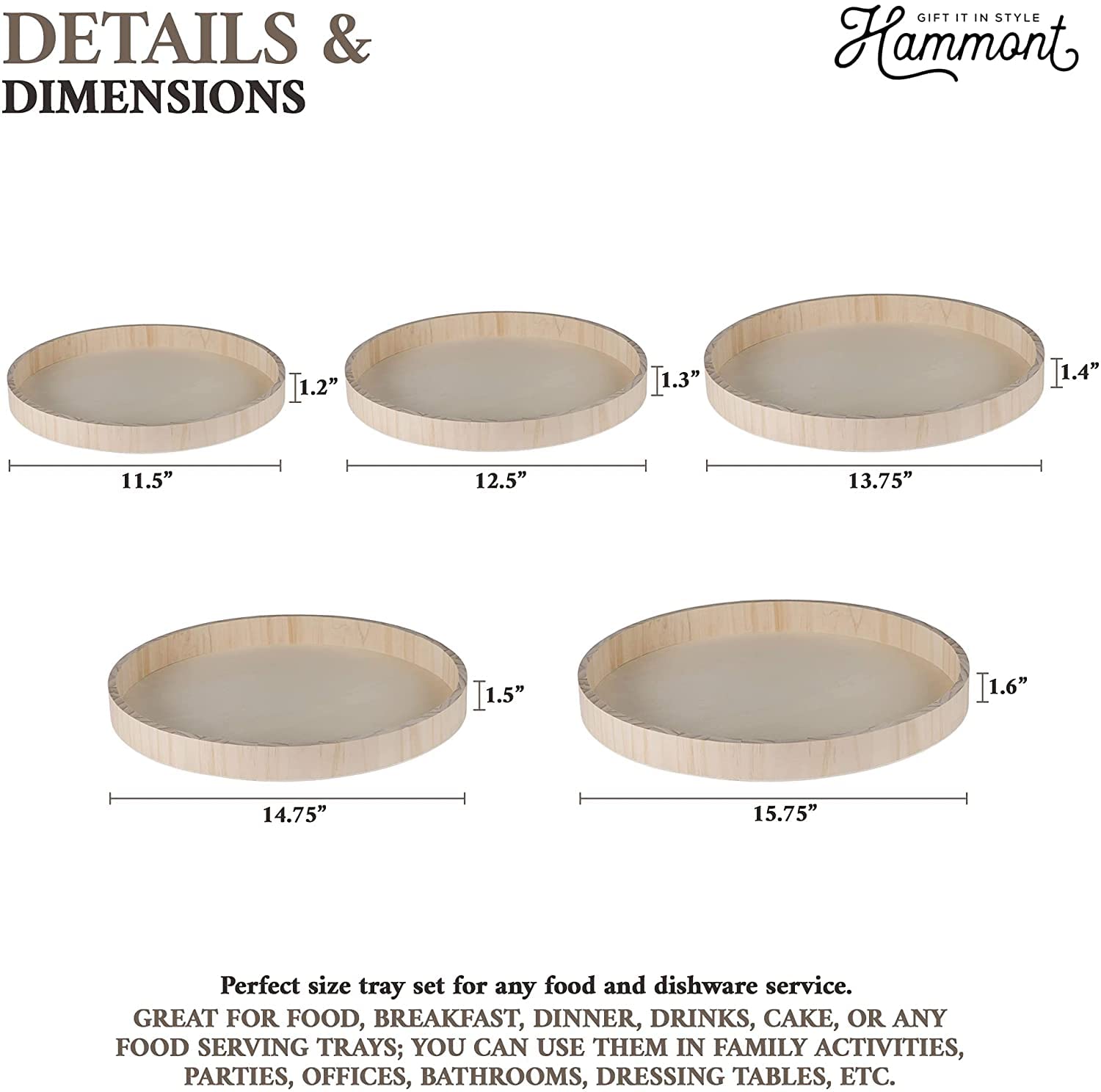 6 Sets of Hammont Wooden Nested Serving Trays - 5-Piece Round Wooden Tray Set (30 Trays Total) for Crafts, Kitchen, and Home Decor | Perfect for Serving Pastries, Snacks, Mini Bars, Chocolate, and Party Platters | Ideal for Weddings, Tea Parties, and Entertaining Guests