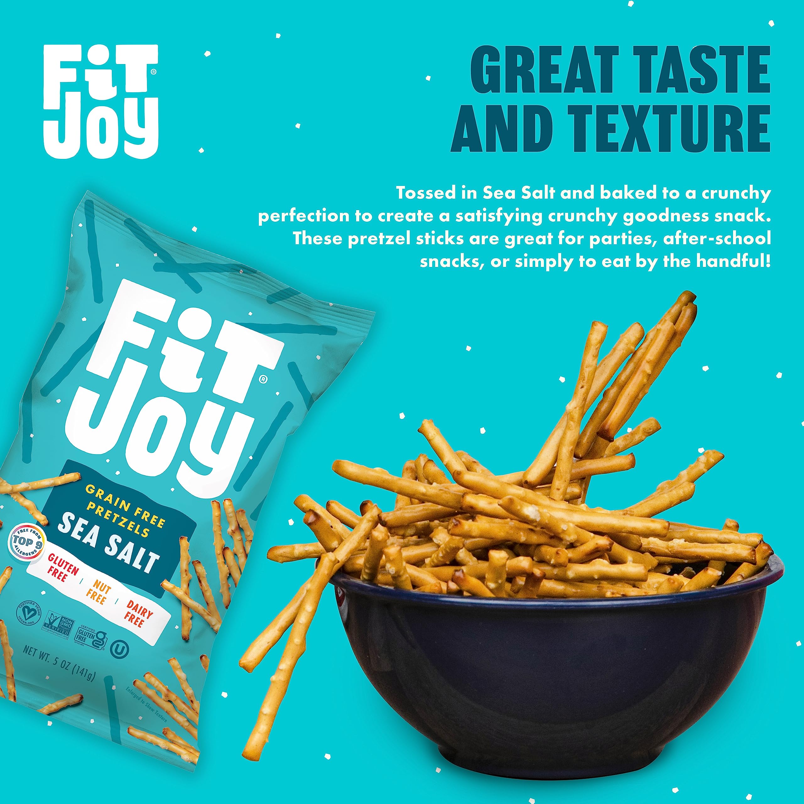 FitJoy Gluten Free Pretzels - Sea Salt Sticks, Grain Free Snacks | Made in USA, Crispy Crunchy Texture | Nut Free, Non-GMO, Vegan Certified | 5 Oz (6 Pack) | Perfect for School Lunches, Office Snacks & Healthy On-the-Go Treats