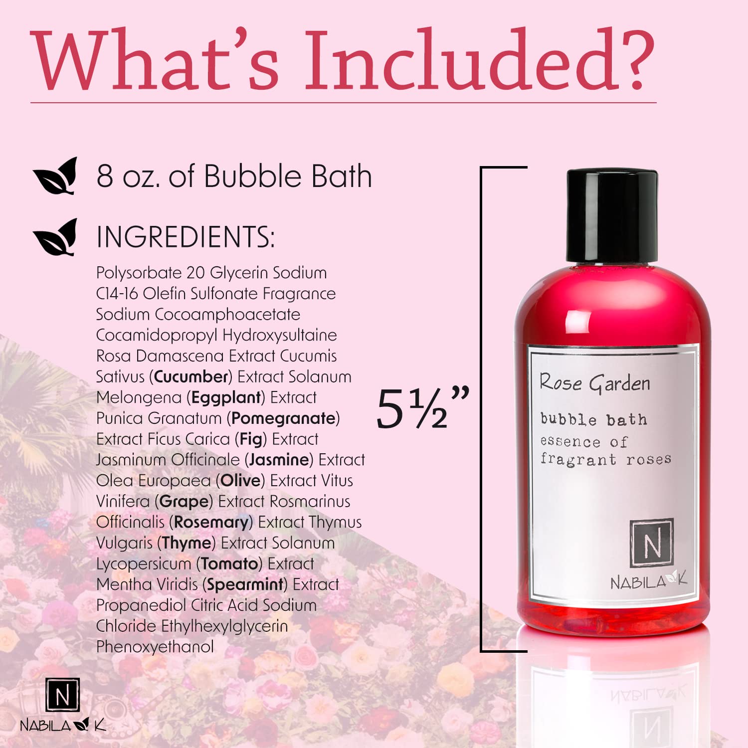 Nabila K Rose Garden Bubble Bath - Natural Essential Oils for Sensitive Skin, Tear-Free & Moisturizing - Gentle Luxury Bath for Women & Men, 8 oz - Perfect for Relaxation, Spa Days & Self-Care Routines