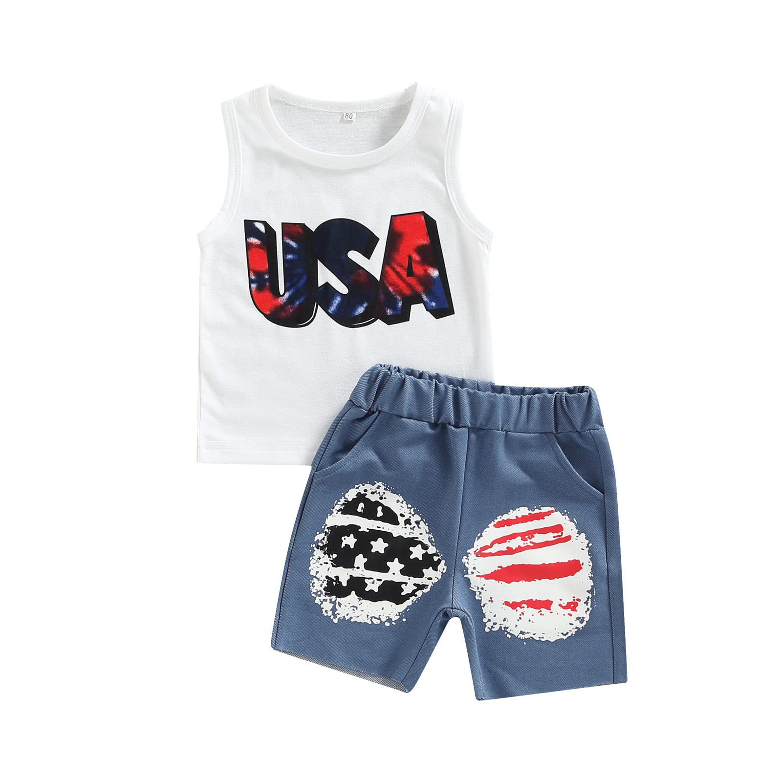 4th of July Baby Boy Outfit - Patriotic USA Flag Sleeveless Tank Top & Denim Shorts 2-Piece Set | Perfect for Independence Day Celebrations, Newborn Photoshoots & Summer Festivals