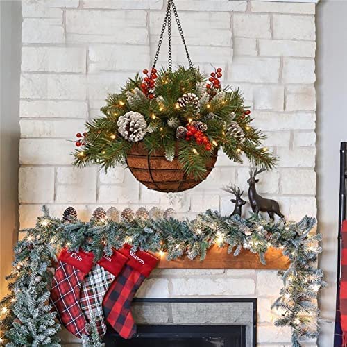 HUJZG Pre-Lit Artificial Christmas Hanging Basket with LED String Lights - Frosted Pine Cones & Berry Clusters - Holiday Decor for Garden, Patio, Lawn (Perfect for Front Door, Porch & Outdoor Christmas Decorations)