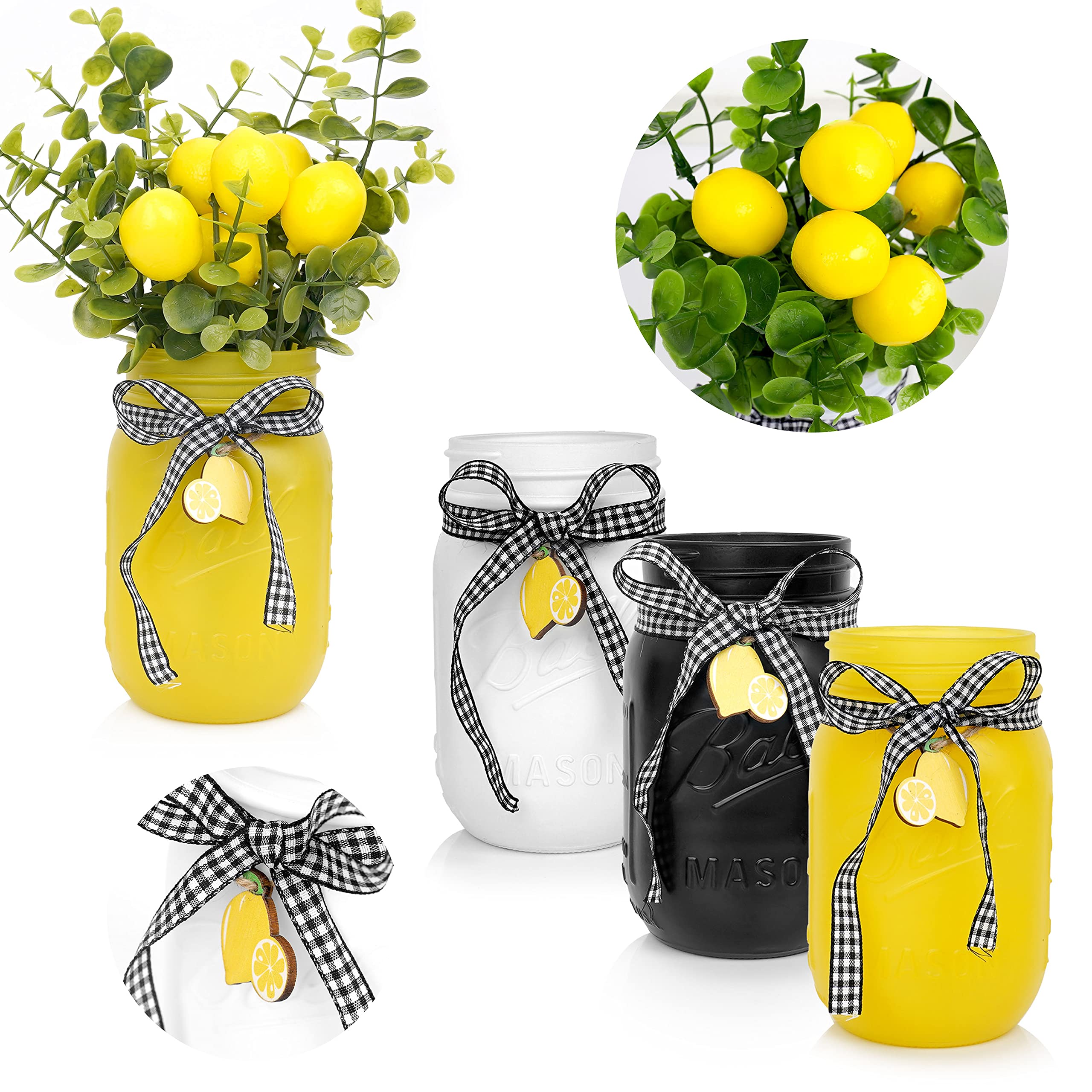 Lemon Kitchen Decor & Accessories Set - Rustic Mason Jar & Buffalo Plaid Farmhouse Tray Decor for Summer Home, Housewarming Gift - Perfect for Tiered Tray Displays, Country Kitchen Decor & Seasonal Table Centerpieces