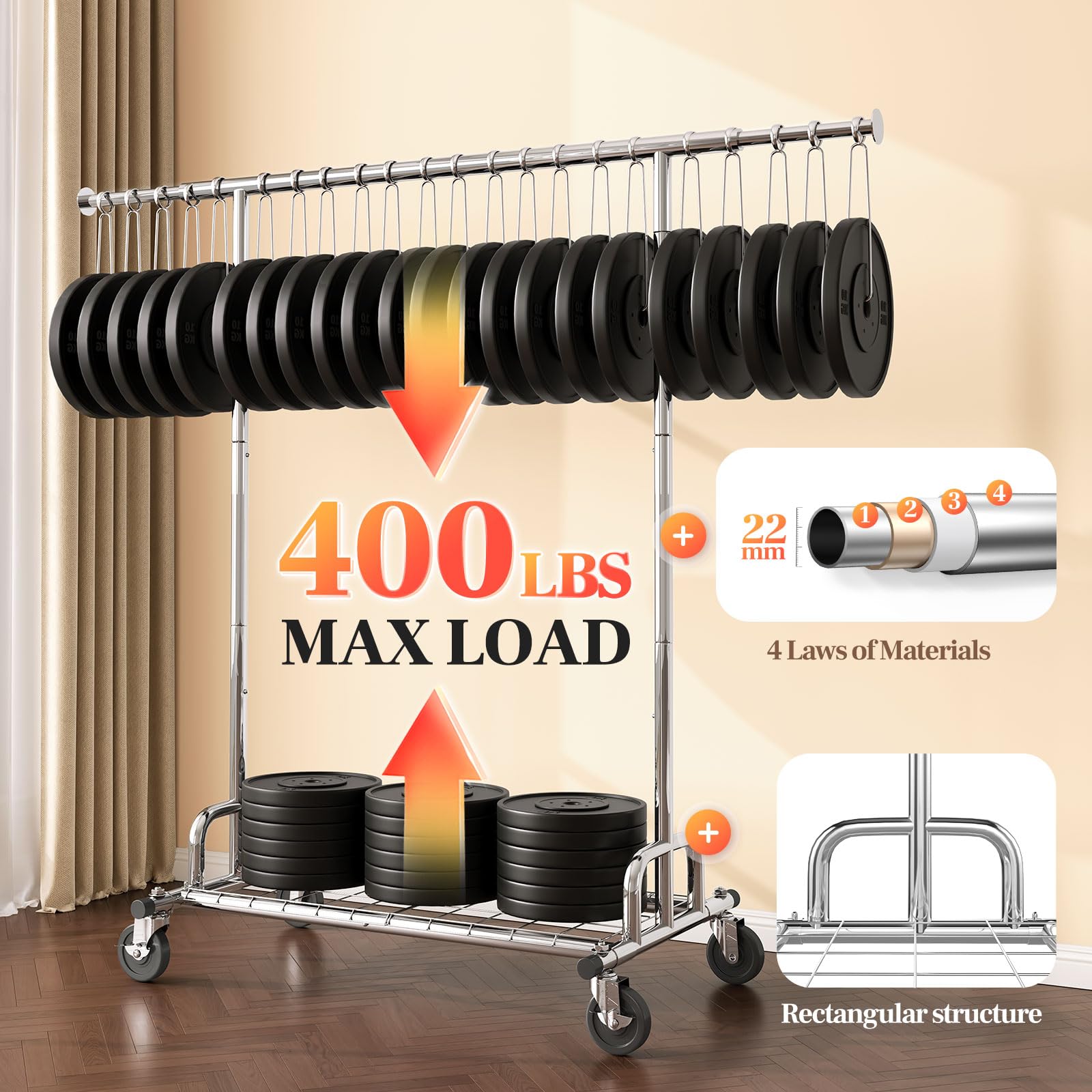 HOKEEPER Heavy Duty Rolling Clothes Rack with Lockable Wheels - Portable Garment Rack for Hanging Clothes, Coats & Accessories - Perfect for Bedroom, Living Room, Laundry Room & Balcony Organization