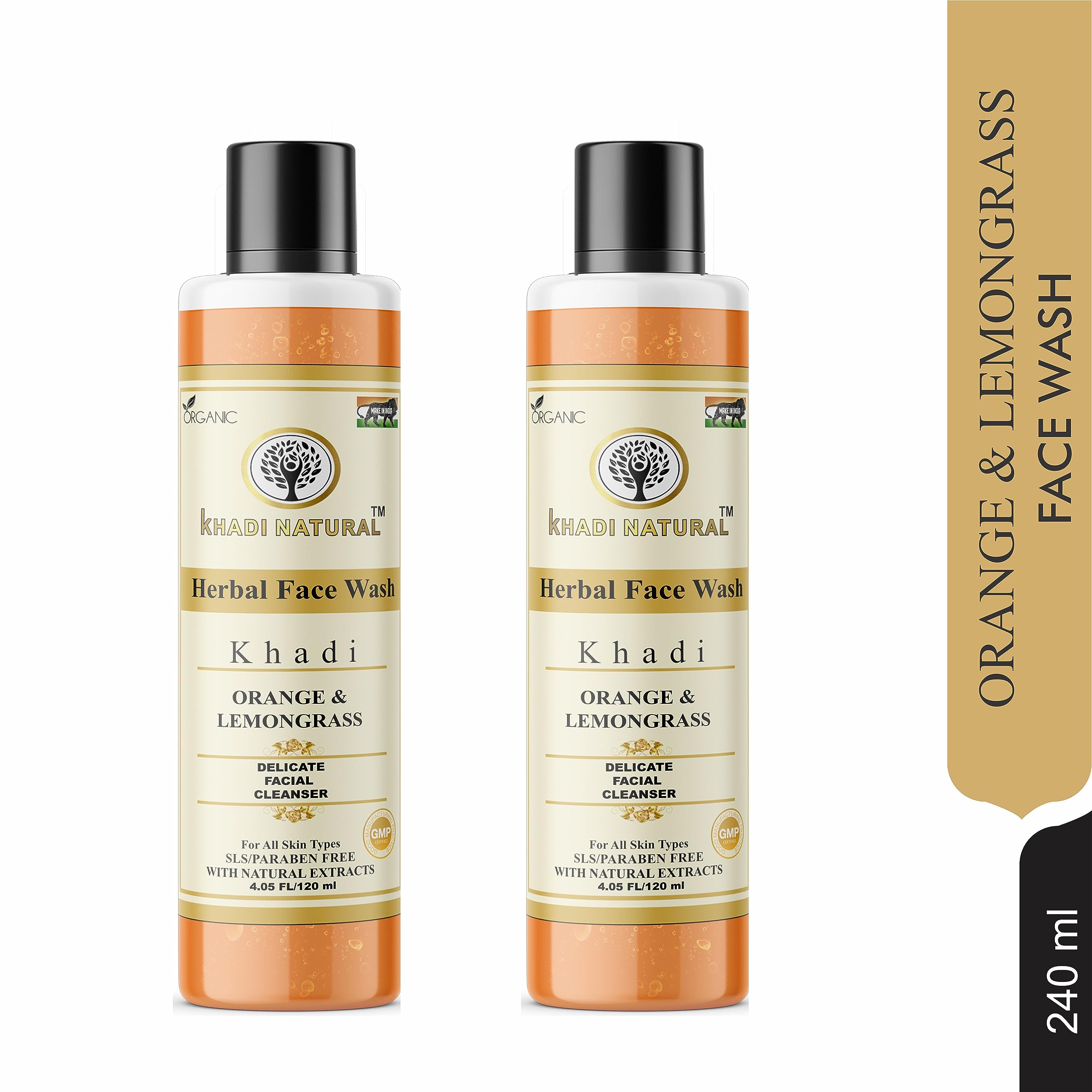 Khadi Natural Orange & Lemongrass Herbal Face Wash for Dry Skin - Organic & Chemical-Free Cleanser for Healthy Glowing Skin (2 Pack, 120ml) - Perfect for Morning & Night Skincare Routine