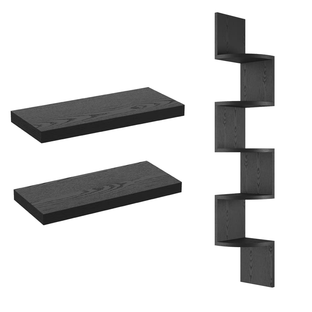 Premium Black Floating Shelves Set of 2 - Invisible Wall Mounted Wooden Shelves & 5-Tier Corner Shelf for Home Organization - Perfect for Living Room, Bedroom, Bathroom, Kitchen & Office Storage | Space-Saving Wall Decor & Display Solution