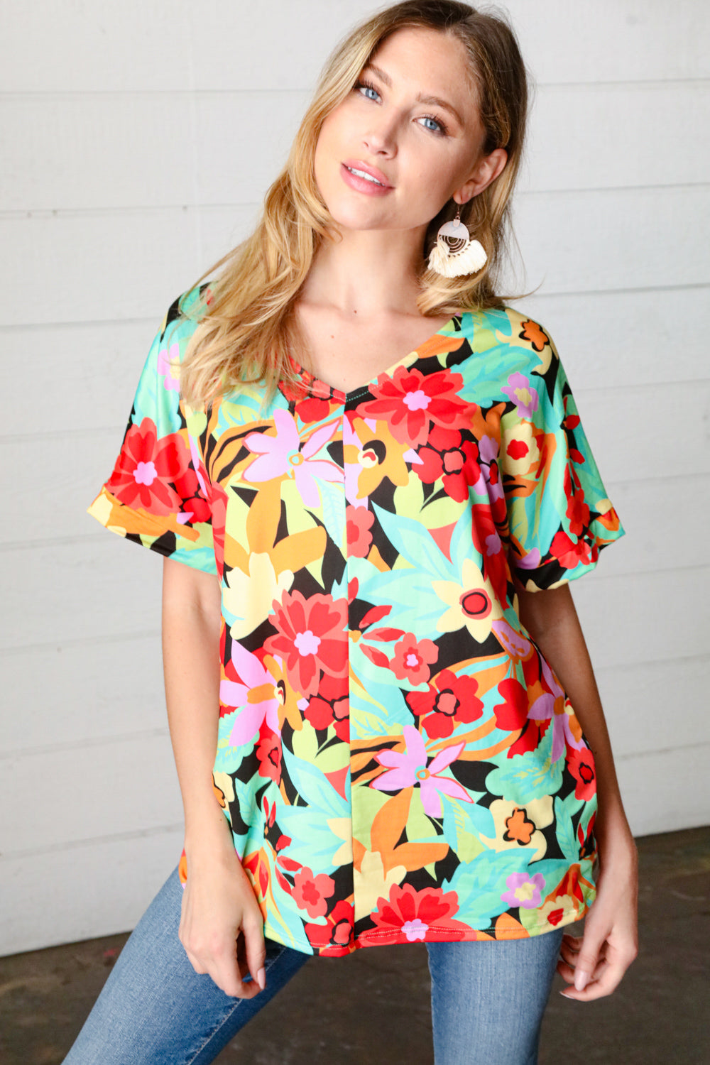 Stylish Multicolor Tropical Floral Print V-Neck Drop Shoulder Blouse for Women | Summer Beach Vacation & Boho Outfit Essential