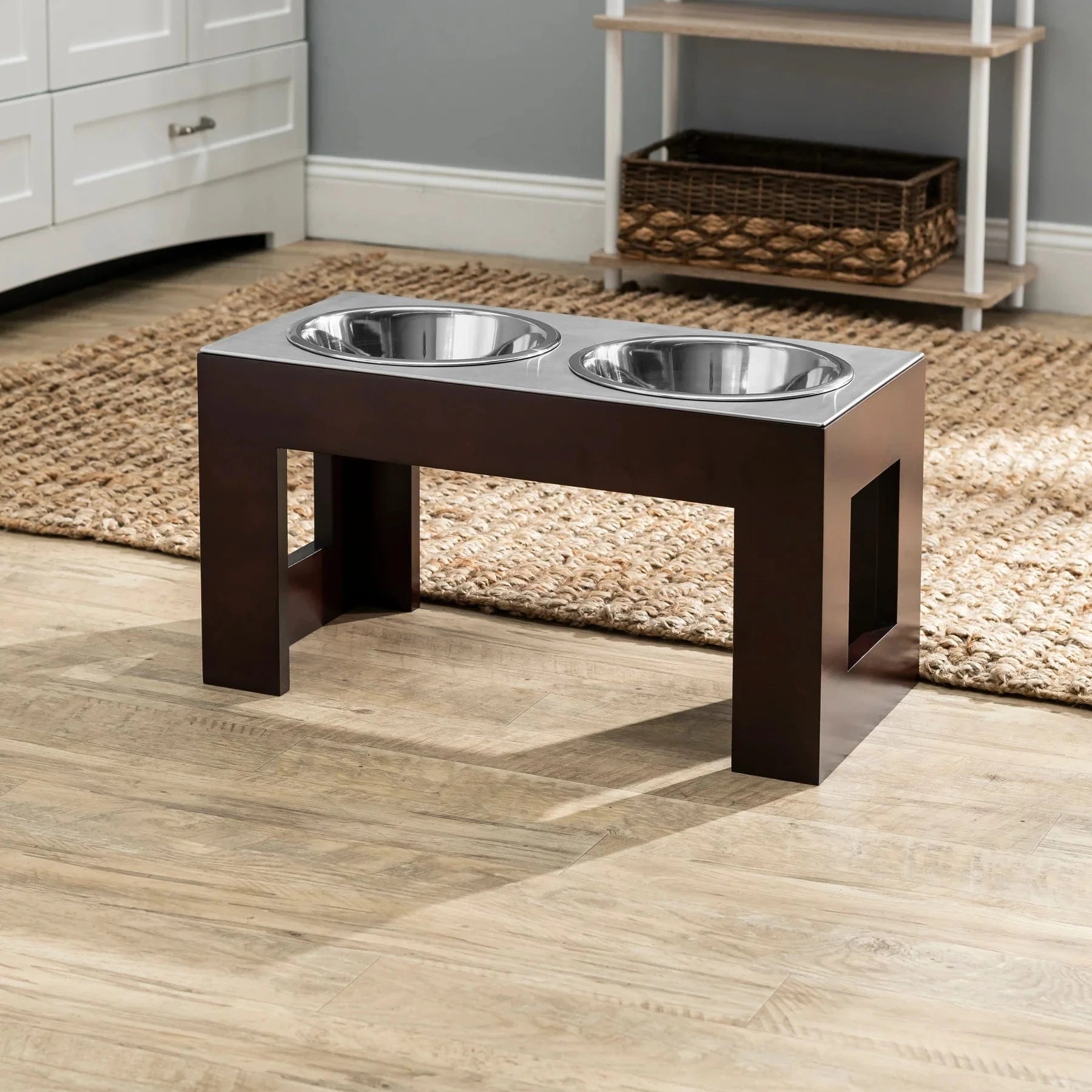 Premium Walnut & Stainless Steel Elevated Dog Bowl Stand - Adjustable Height Pet Feeder for Large & Small Dogs - Perfect for Dining Room, Kitchen or Outdoor Use