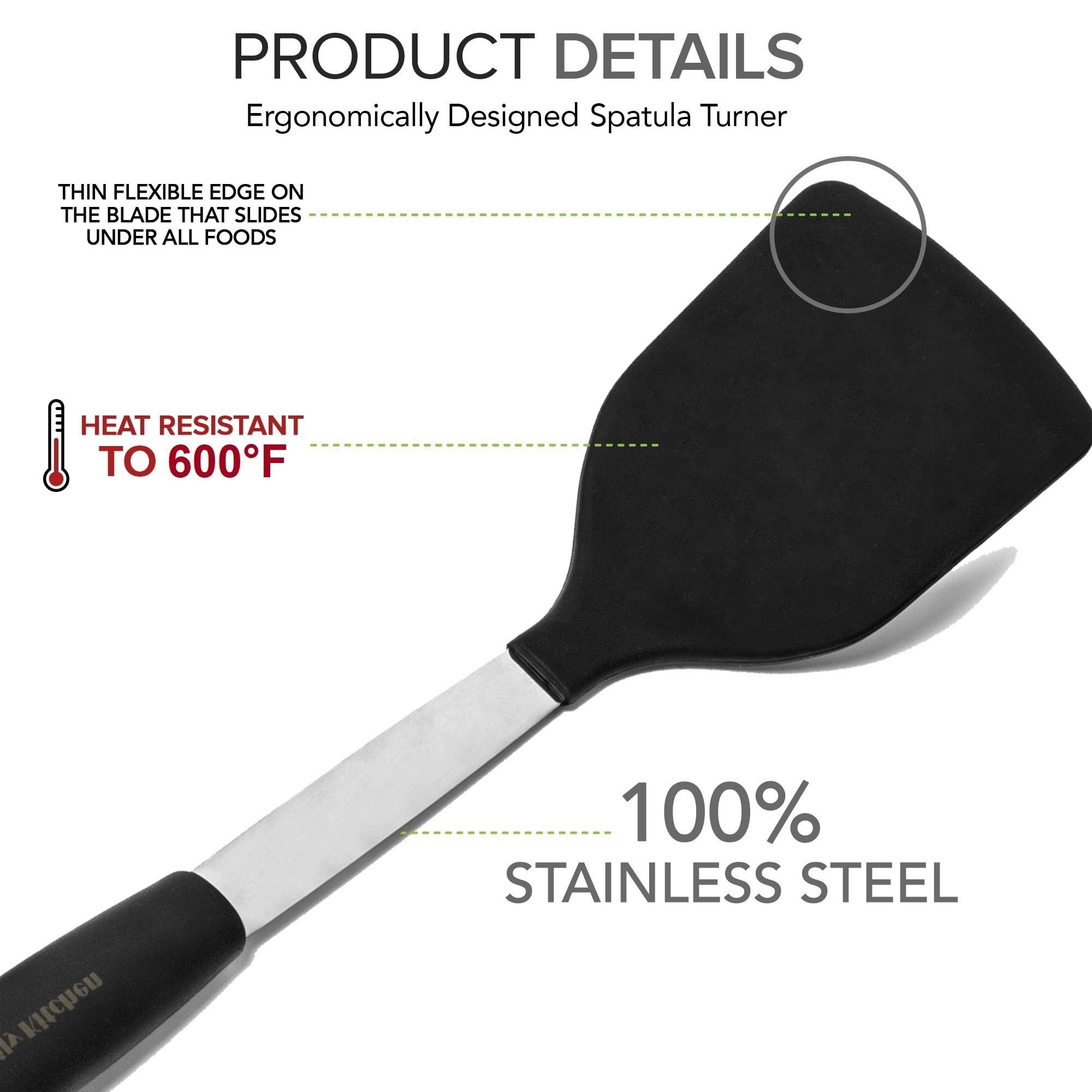 Heat-Resistant Silicone & Stainless Steel Spatula - Solid Turner with Rubber Grip - Flexible Cooking Spatula for Non-Stick Pans - Perfect for Flipping Pancakes, Eggs & Burgers - Essential Kitchen Tool for Baking & Grilling