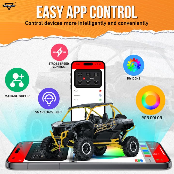 Auxbeam 6 Gang Switch Panel Bluetooth AR-600 RGB Backlit Large Button Auxiliary Switch Pod with Toggle/Momentary/Pulsed Modes - Waterproof 12-24V for UTV, Boat, Truck, RV | Off-Road Lighting, Marine Control, Vehicle Customization | 2 Year Warranty