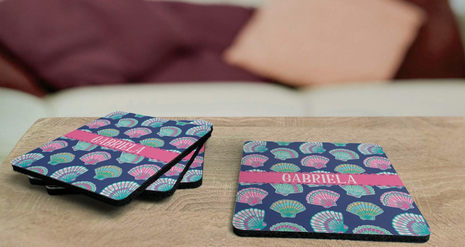 Personalized Preppy Sea Shells 4 Square Coasters - Non-Slip Rubber Backing for Drinks - Perfect for Beach House, Coastal Decor & Summer Entertaining