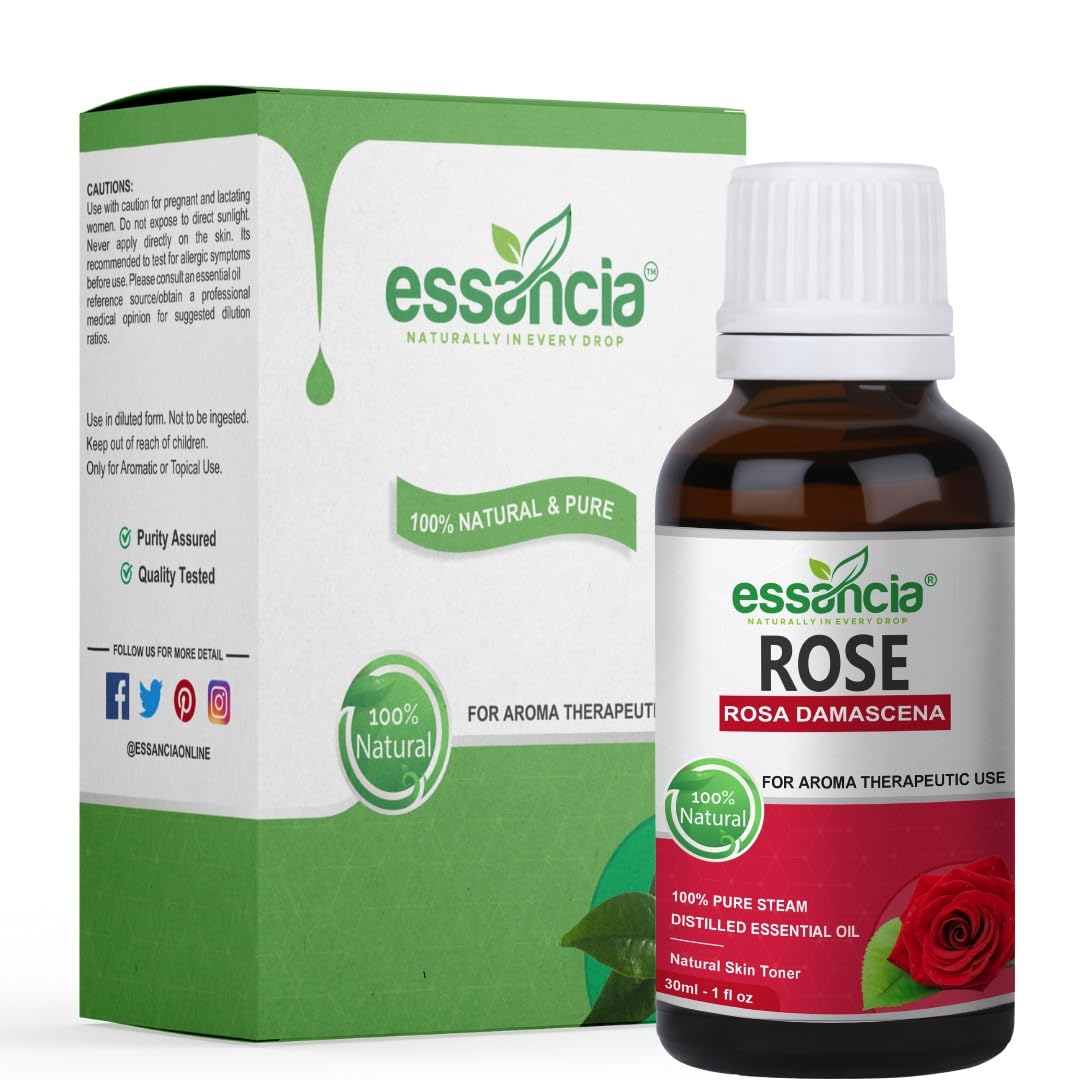 Essancia 100% Pure Natural Undiluted Therapeutic Grade Rose Essential Oil for Skin Rejuvenation & Mood Enhancement - 30ml Aromatherapy Oil for Relaxation, Massage & DIY Beauty Products