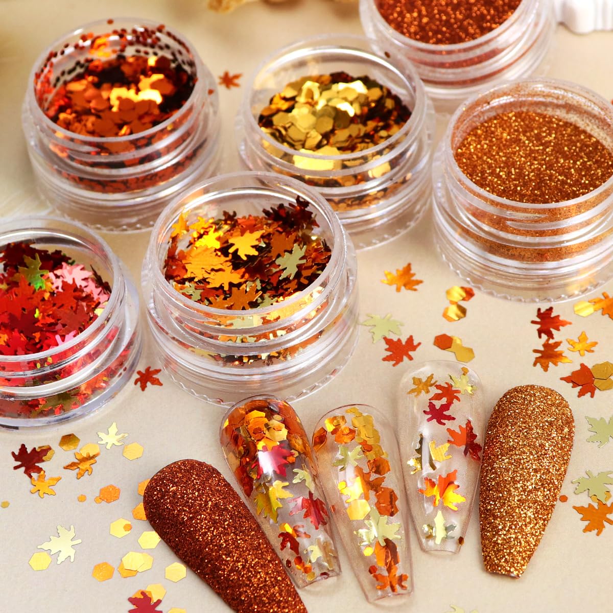 6 Bottles Fall Maple Leaf Nail Glitter Powder - Gold Shiny Nail Art Flakes & Sequins for Acrylic Nails | DIY Autumn Nail Decorations for Women | Perfect for Halloween, Thanksgiving & Fall Party Nail Art
