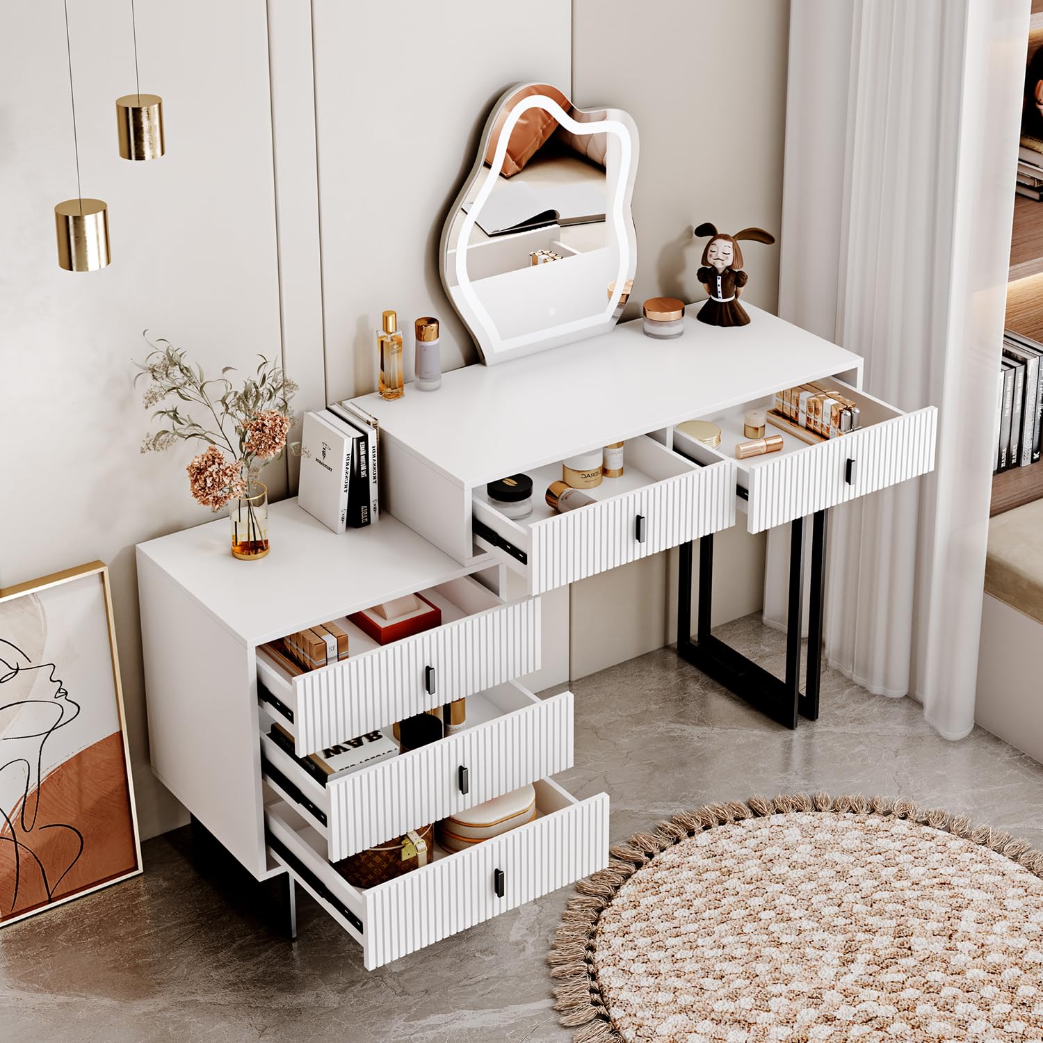 Modern White Vanity Desk with Mirror & Lights - 5 Drawers for Bedroom Makeup
