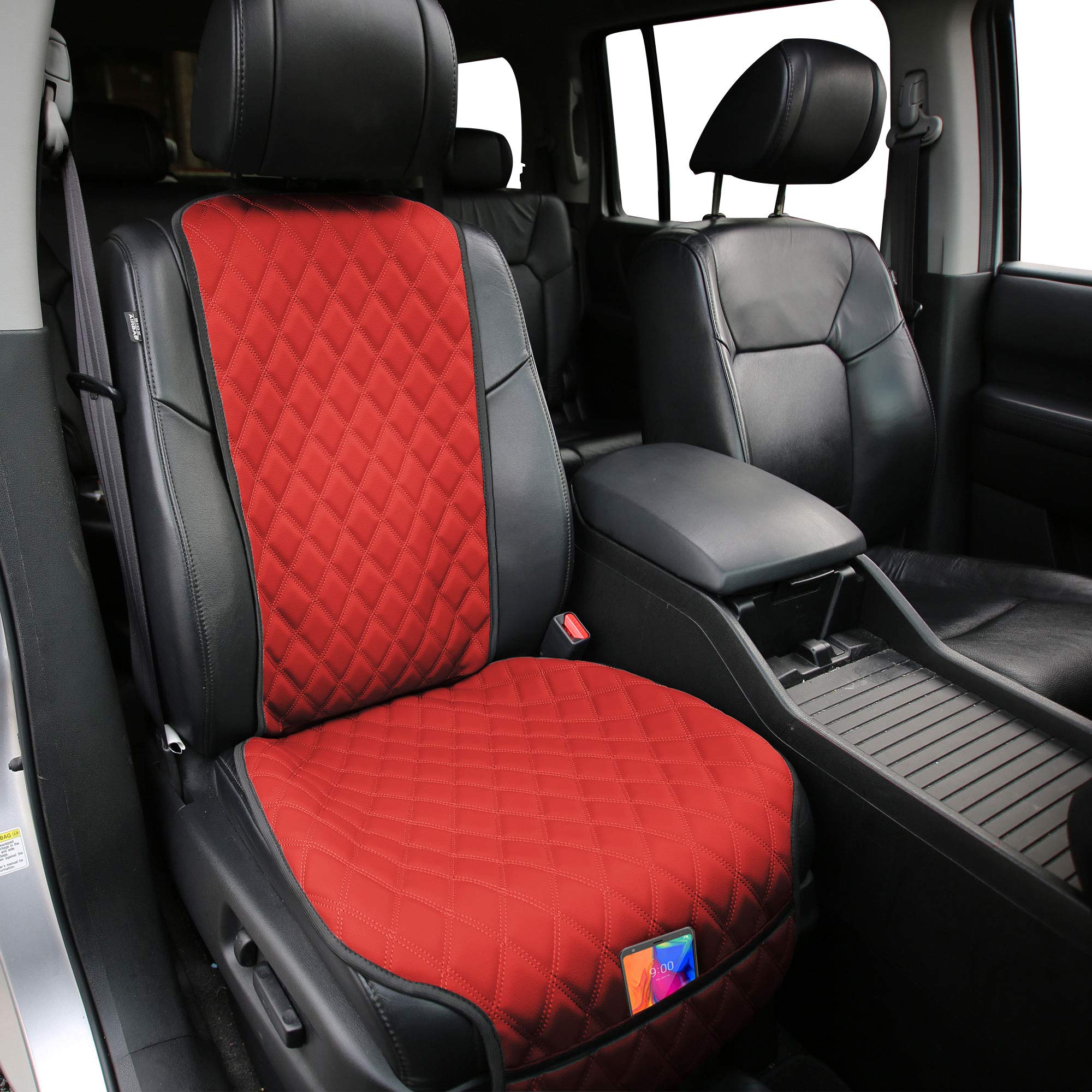 Premium FH Group Car Seat Cushion - Faux Leather Auto Seat Pad with Front Pockets | Universal Fit for SUV, Sedan, Van | Airbag Compatible & Comfort Support | Perfect for Long Drives, Commuting & Road Trips (Red)