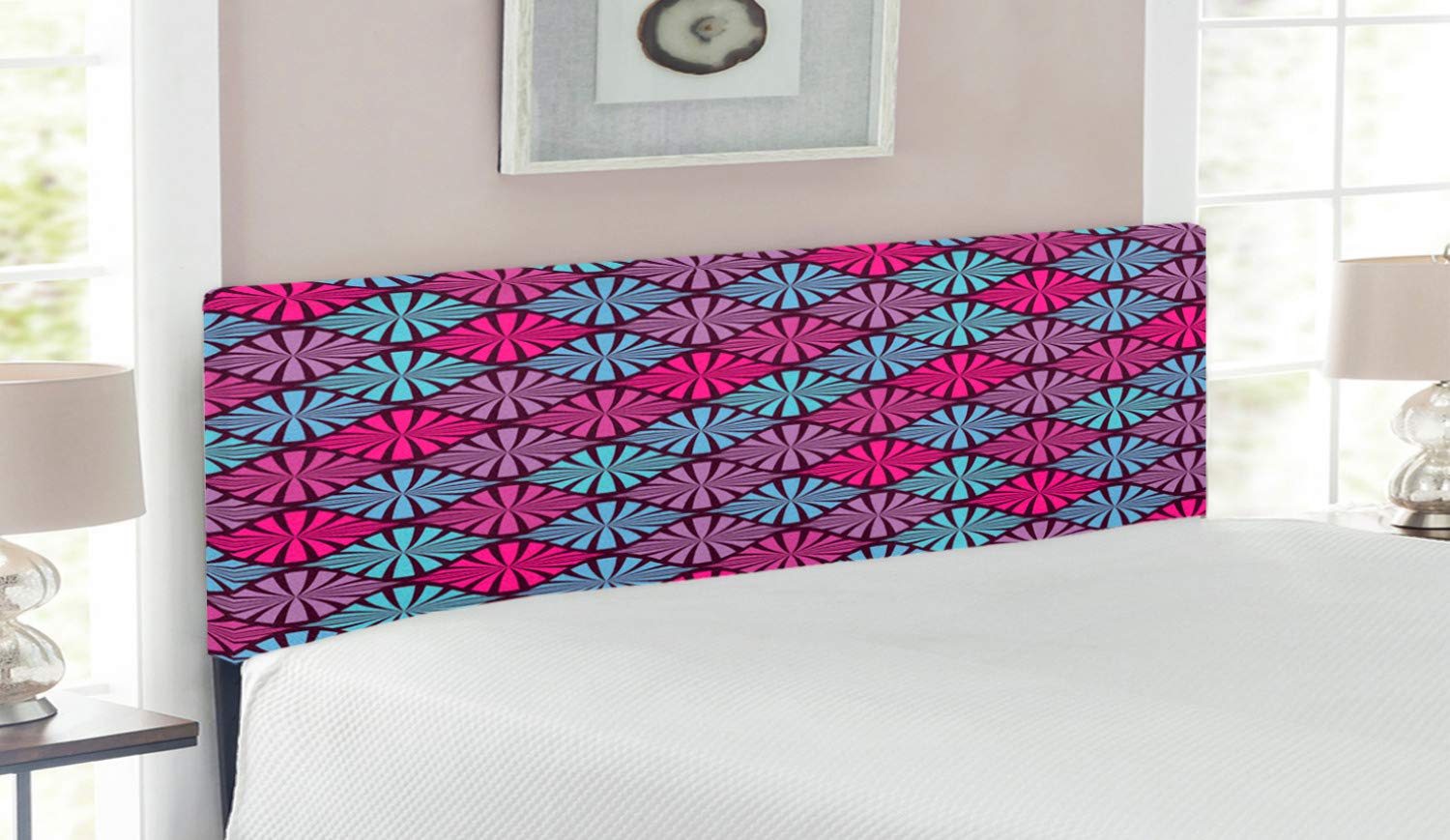Ambesonne Geometric Upholstered Headboard - Vintage Feminine Style with Wild Folk Modern Motif, Queen Size Bed Headboard with Memory Foam in Aqua Magenta Violet - Perfect for Master Bedroom, Guest Room & Bohemian Home Decor