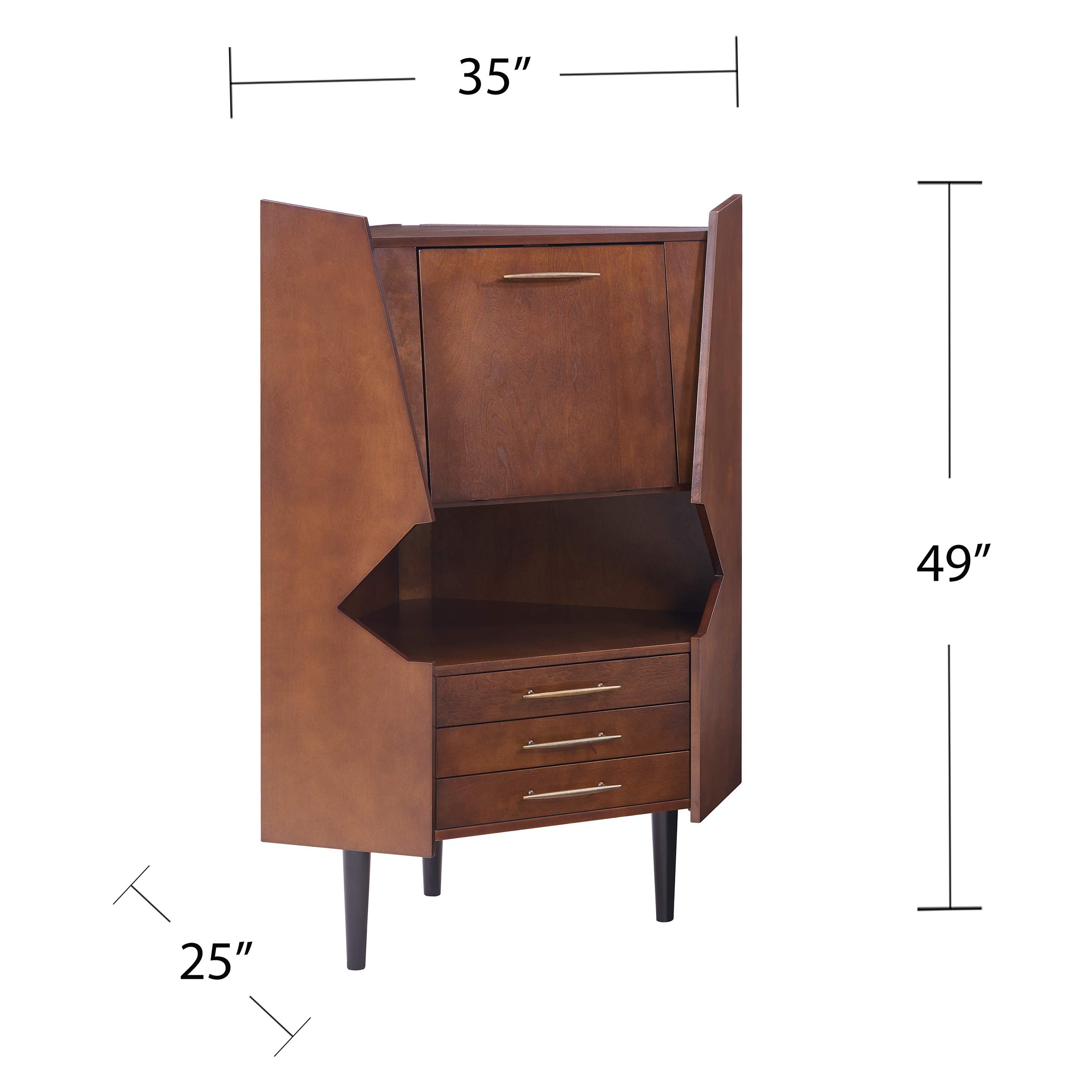 Larson Corner Storage Bar Cabinet - Brown Wooden Cabinet with Shelves & Doors for Living Room, Dining Room, or Home Bar - Space-Saving Furniture for Small Spaces