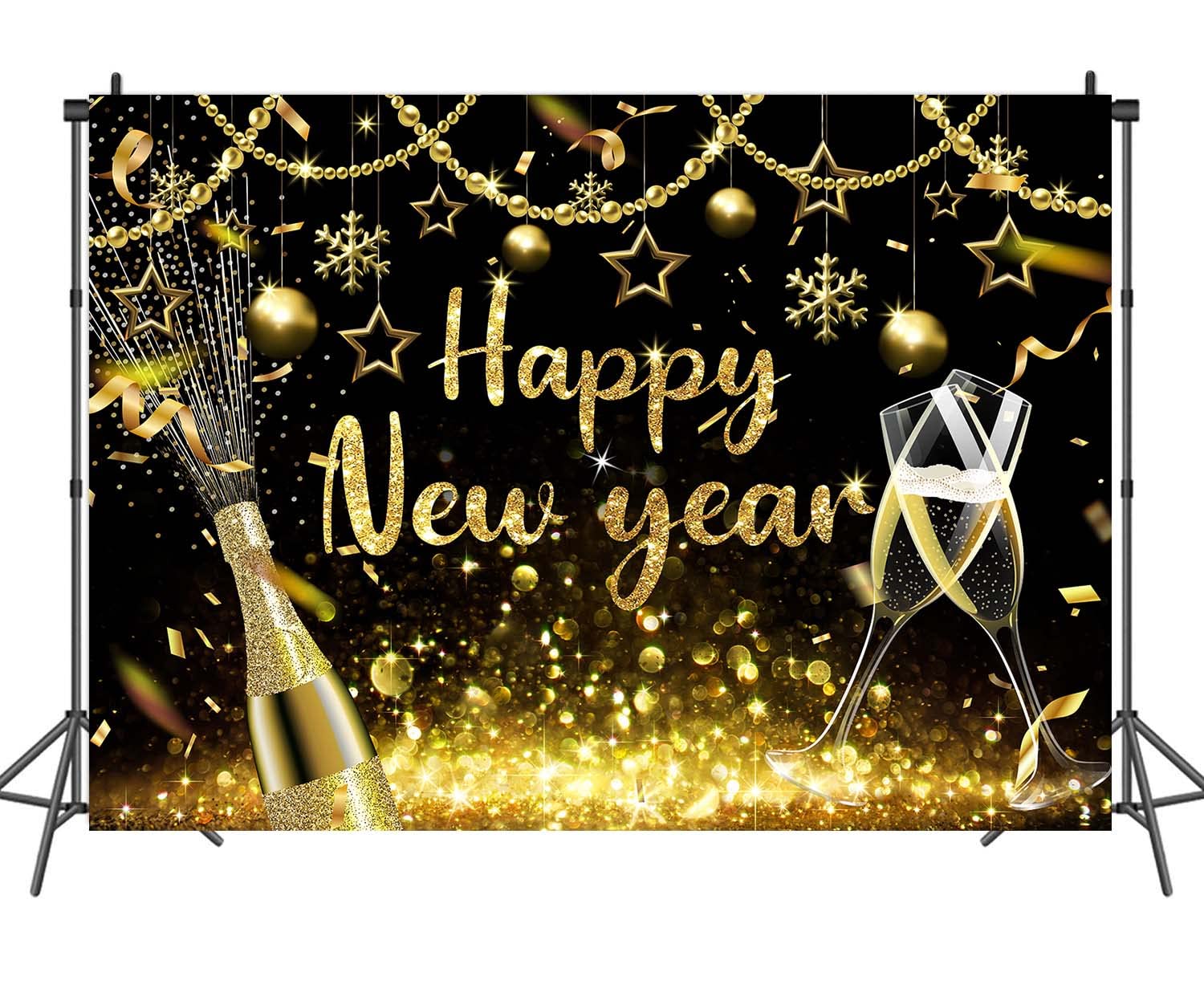 2025 Happy New Year Backdrop - Gold Glitter New Year's Eve Party Decoration (7x5 FT) | Photo Booth Background, NYE Celebration, Holiday Event Decor