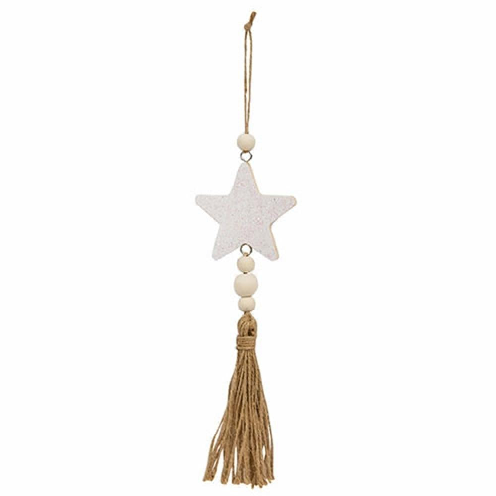 Sparkling White Star Beaded Wood Christmas Ornament with Tassel - Handmade Holiday Tree Decor for Xmas, Home, Party & Wedding Decorations
