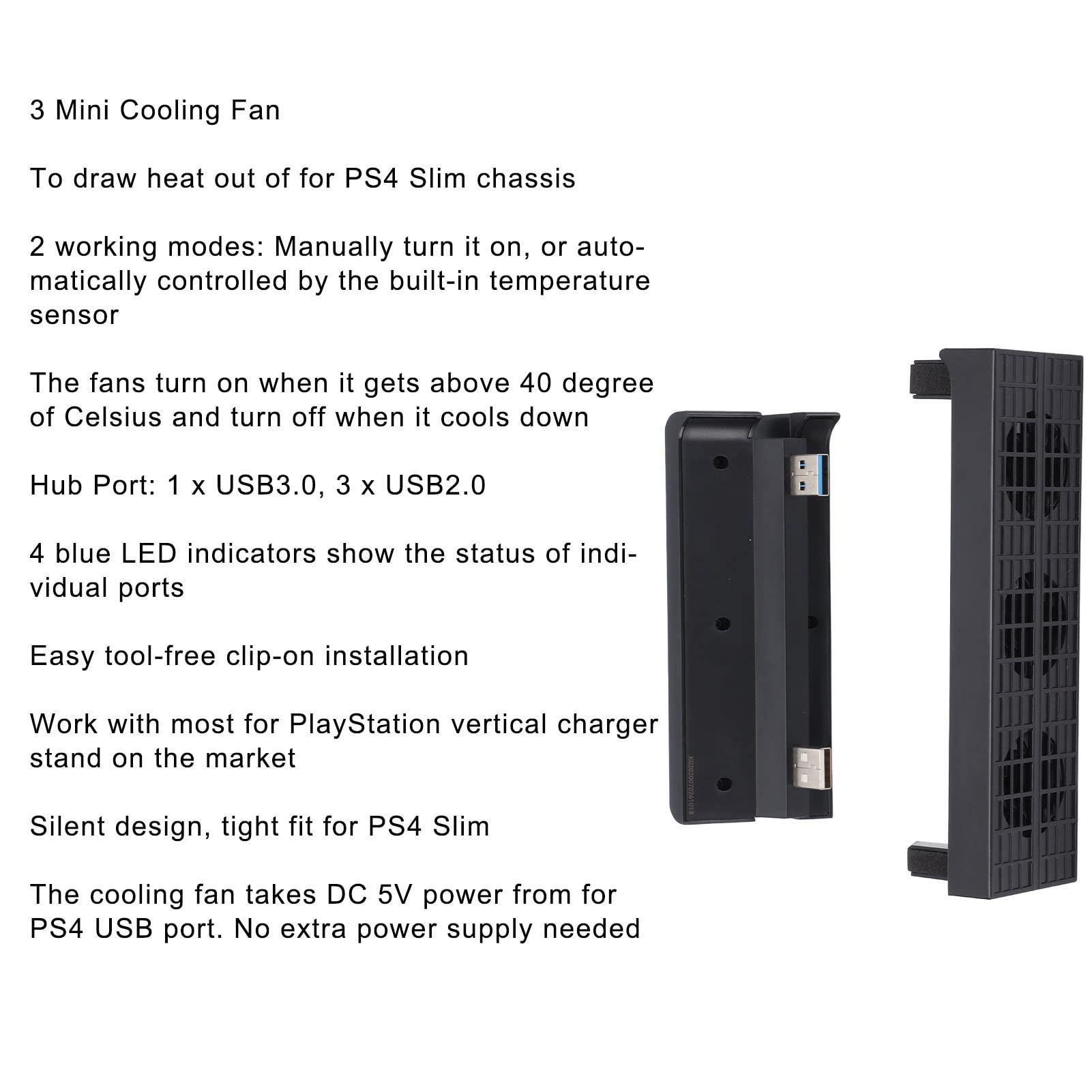 4-Port USB 3.0 Hub with Cooling Fan for PS4 Slim - Automatic Temperature Control & Multi-Device Charging Station - Perfect for Gaming Sessions & Home Entertainment Setup