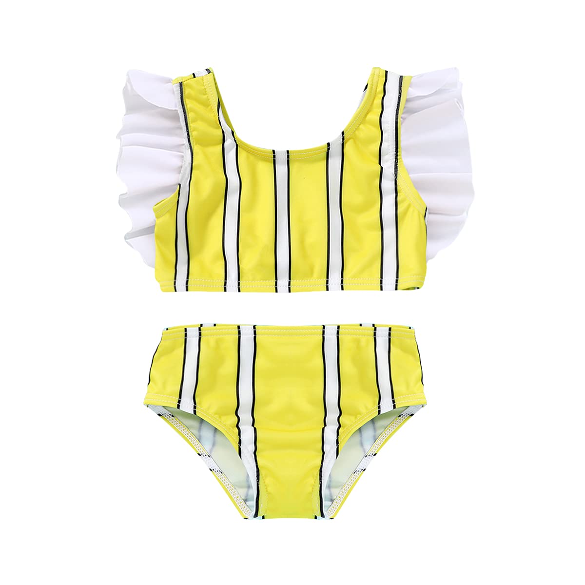 Toddler Girl Swimsuit Ruffle Sleeve Bikini Set - Beach & Pool Wear (Yellow Stripe, 12-18M)