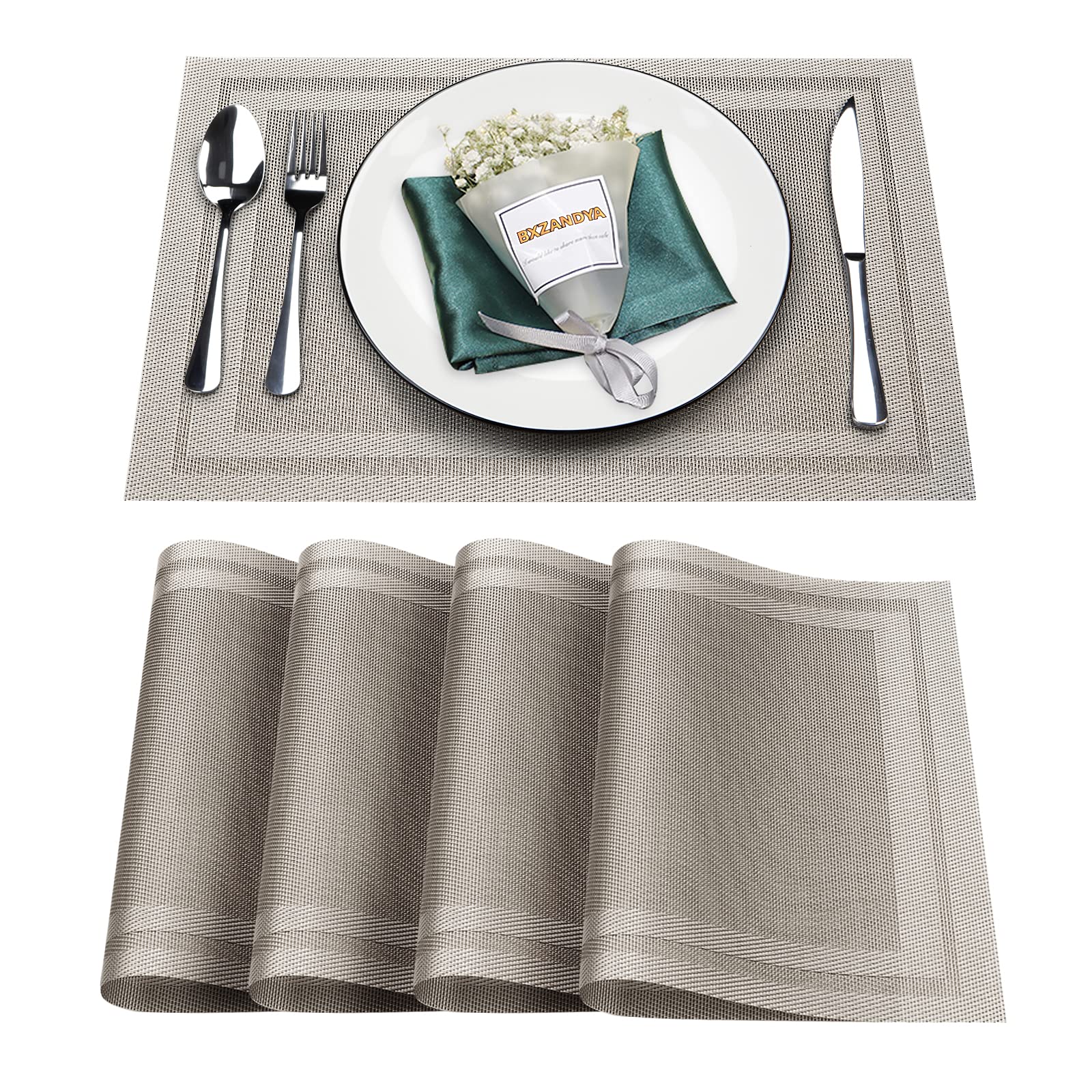Bxzandya Heat & Stain Resistant Washable Placemats Set of 4 - PVC Vinyl Woven Table Runner for Dining Table Protection - Durable Indoor Placemats for Restaurants, Kitchen & Home Decor (Caramel, 4PCS) - Perfect for Daily Meals, Dinner Parties & Holiday Gatherings