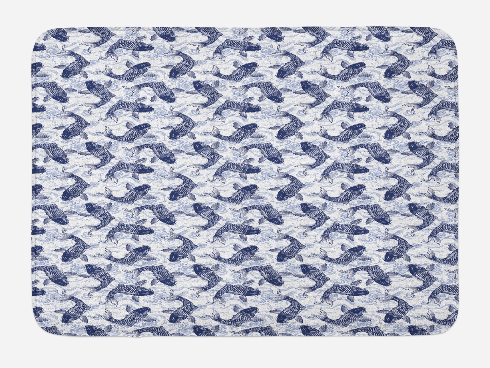 Ambesonne Non-Slip Fish Bath Mat - Japanese Koi Carp Wave Design, Dark Blue & White Plush Bathroom Rug, 30.2