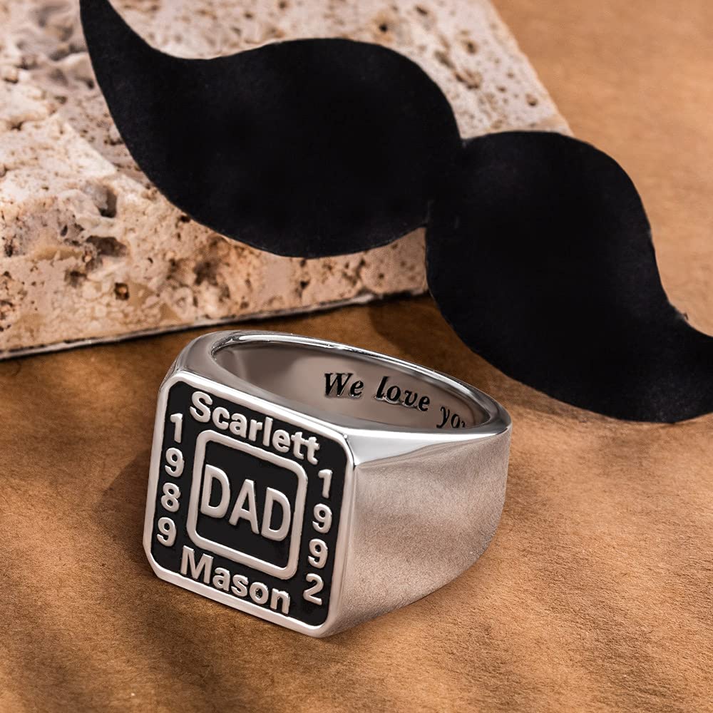 Custom 925 Sterling Silver/Brass Personalized Round & Square Dad Rings - Engraved Year Name Signet Rings for Men - Perfect Father's Day, Birthday Gifts for Dad & Grandpa - Ideal for Weddings, Anniversaries & Special Occasions