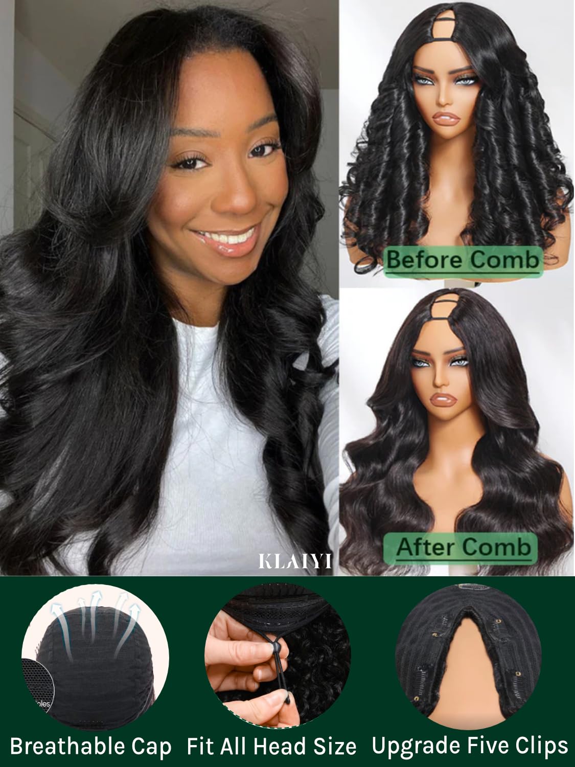KLAIYI EasiContour V Part Human Hair Wig - Body Wave Glueless U Part Wig | No Leave Out, No Gel | Clip-in Half Wig with V Shape | Beginner Friendly, Ready to Wear | Natural Black Color 150% Density 22 Inch | Perfect for Daily Wear, Parties & Special Occasions