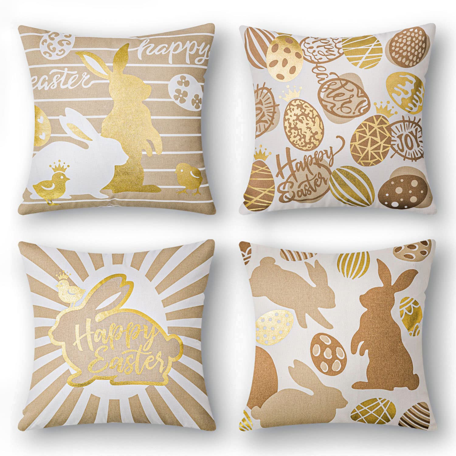 Easter Bunny Pillow Covers 18x18 Inch Set of 4 - Spring Farmhouse Decor with Rabbit & Egg Designs - Golden Throw Pillow Cases for Indoor Outdoor Home Decor - Perfect for Living Room, Porch, and Seasonal Home Styling