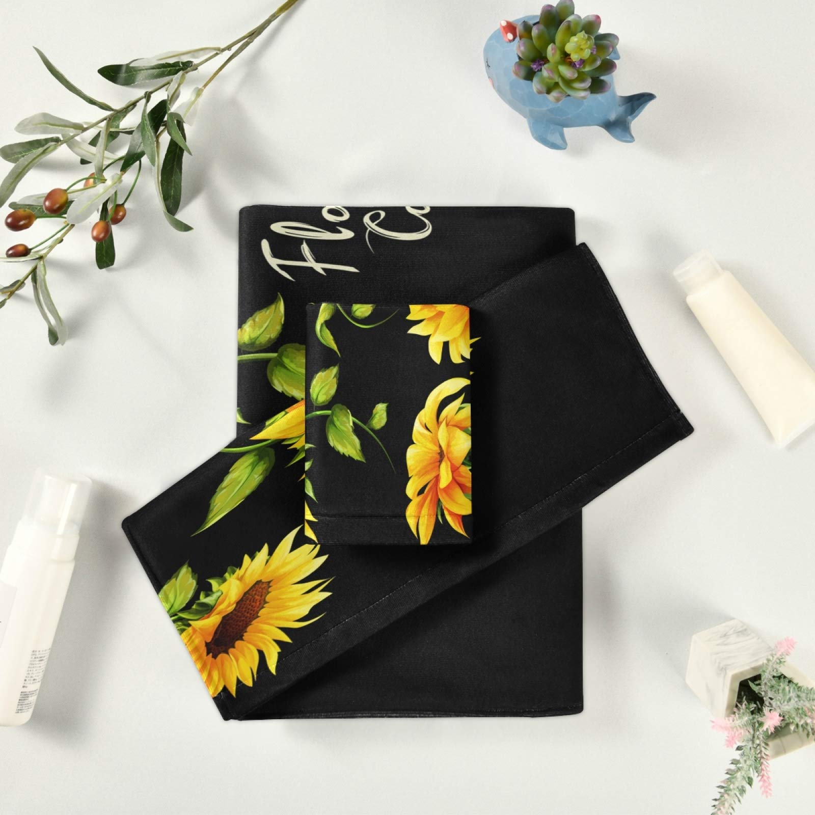 ALAZA Luxury Sunflower Floral Black Bath Towel Set - 3 Piece (Bath Towel, Hand Towel, Washcloth) - Ultra Soft & Absorbent for Bathroom, Hotel, Gym, Yoga, Spa - Decorative & Multipurpose Home Essentials