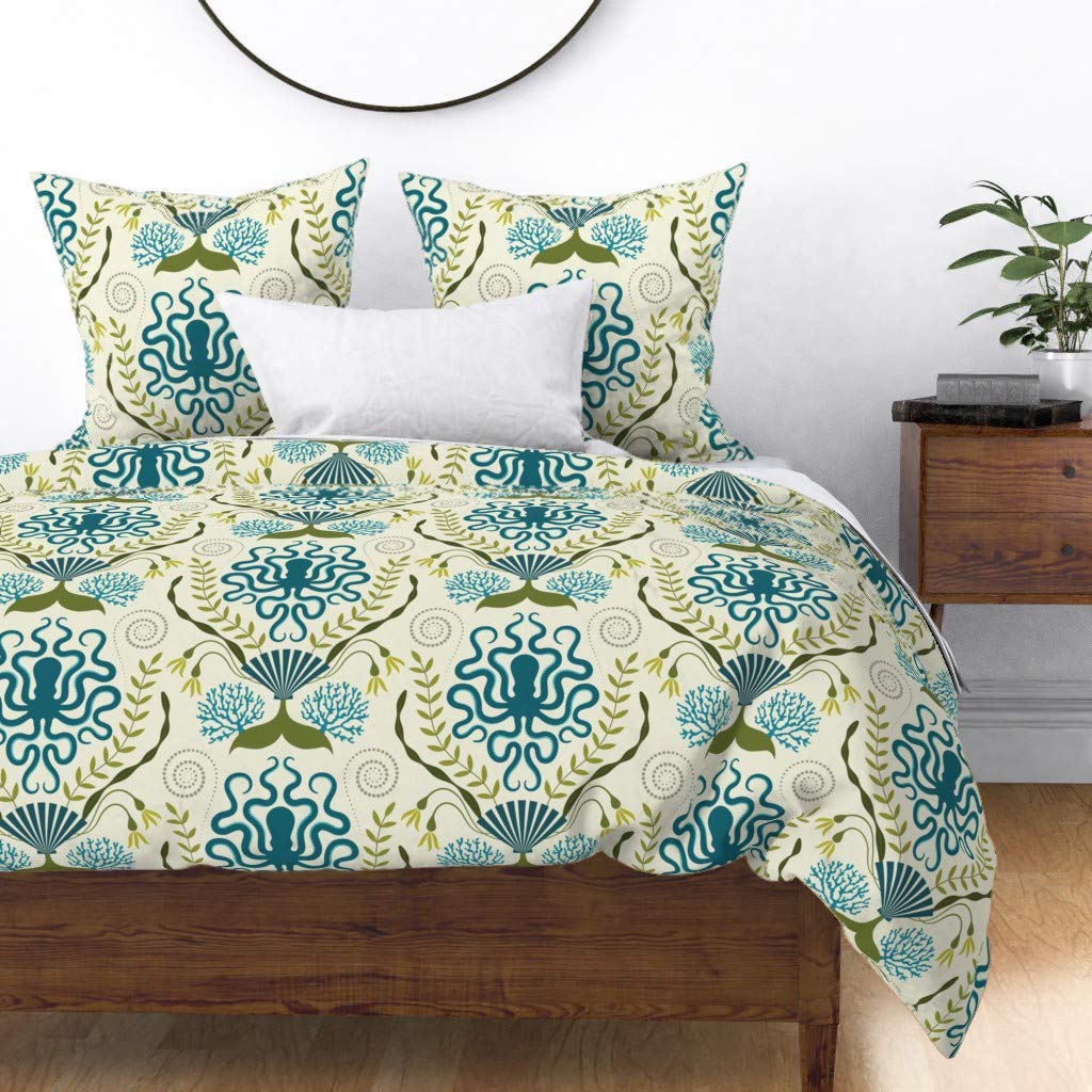Nautical Damask Victorian Octopus Duvet Cover - Full/Queen Cotton Sateen Bedding Set with Ocean Sea Shell & Bubbles Design | Perfect for Coastal, Beach House, or Nautical Theme Bedrooms