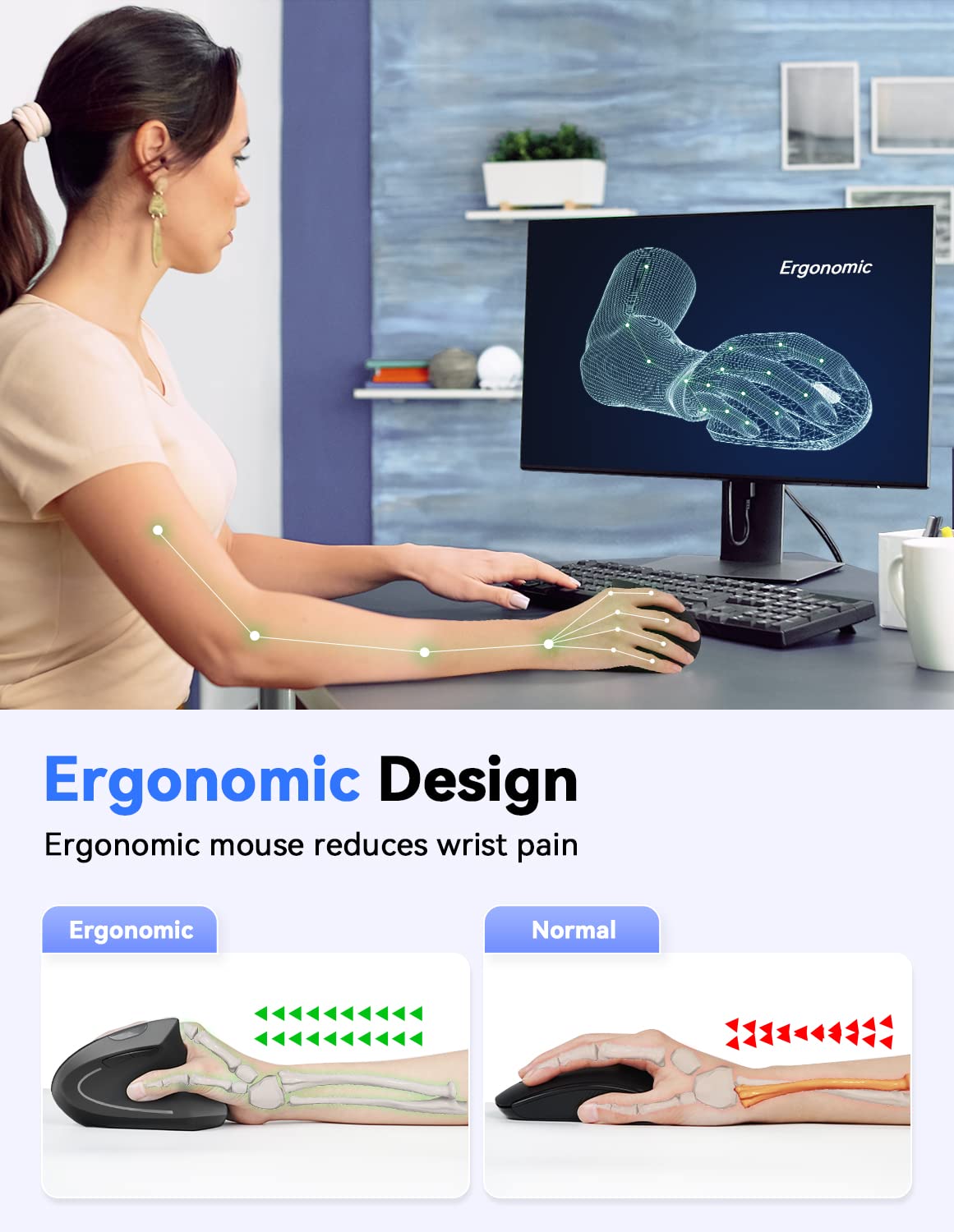 TECKNET Ergonomic Wireless Mouse - 4800 DPI, Silent Click, 5 Adjustable DPI Settings, 2.4G Vertical Mouse with 6 Buttons - Compatible with Windows, Mac, Chromebook, Linux - Perfect for Office Work, Gaming & Long Computer Sessions