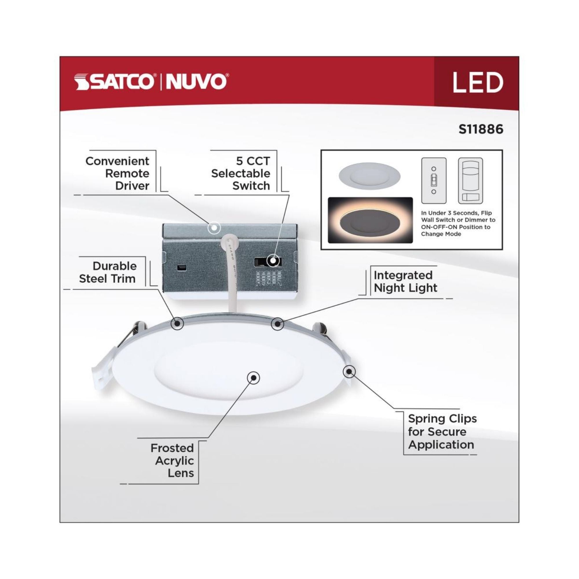 4 Inch LED Recessed Downlight with Night Light - 760 Lumens, Adjustable CCT (2700K-5000K), White Round Trim - Perfect for Bedroom, Kitchen & Living Room Lighting