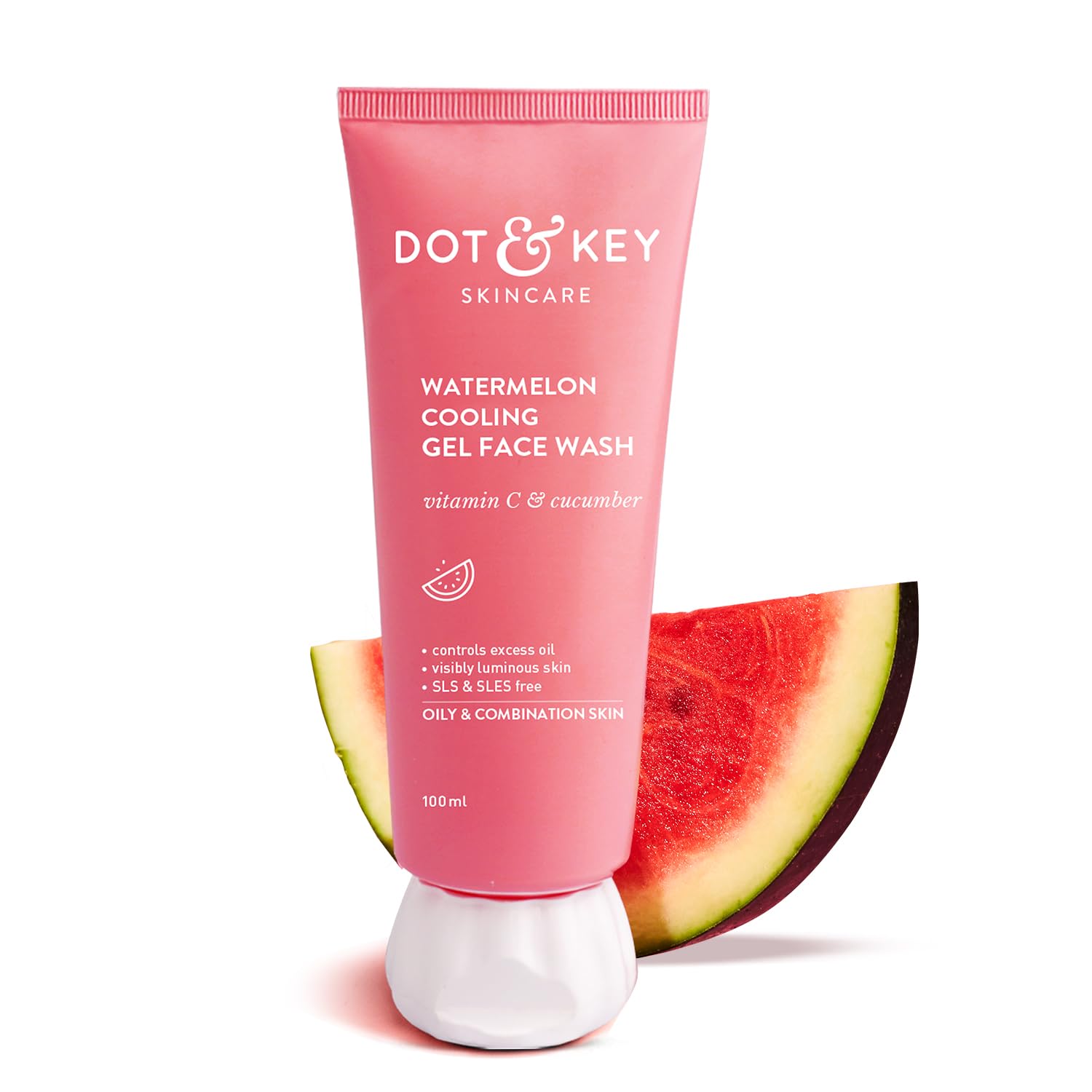 Dot & Key Watermelon Cooling Gel Face Wash with Vitamin C & Cucumber - Oil-Free Cleanser for Glowing Skin, Removes Excess Oil & Dirt - Ideal for Combination & Oily Skin Types (Men & Women, 100ml) | Refreshing Daily Skincare for Summer & Hot Weather Use