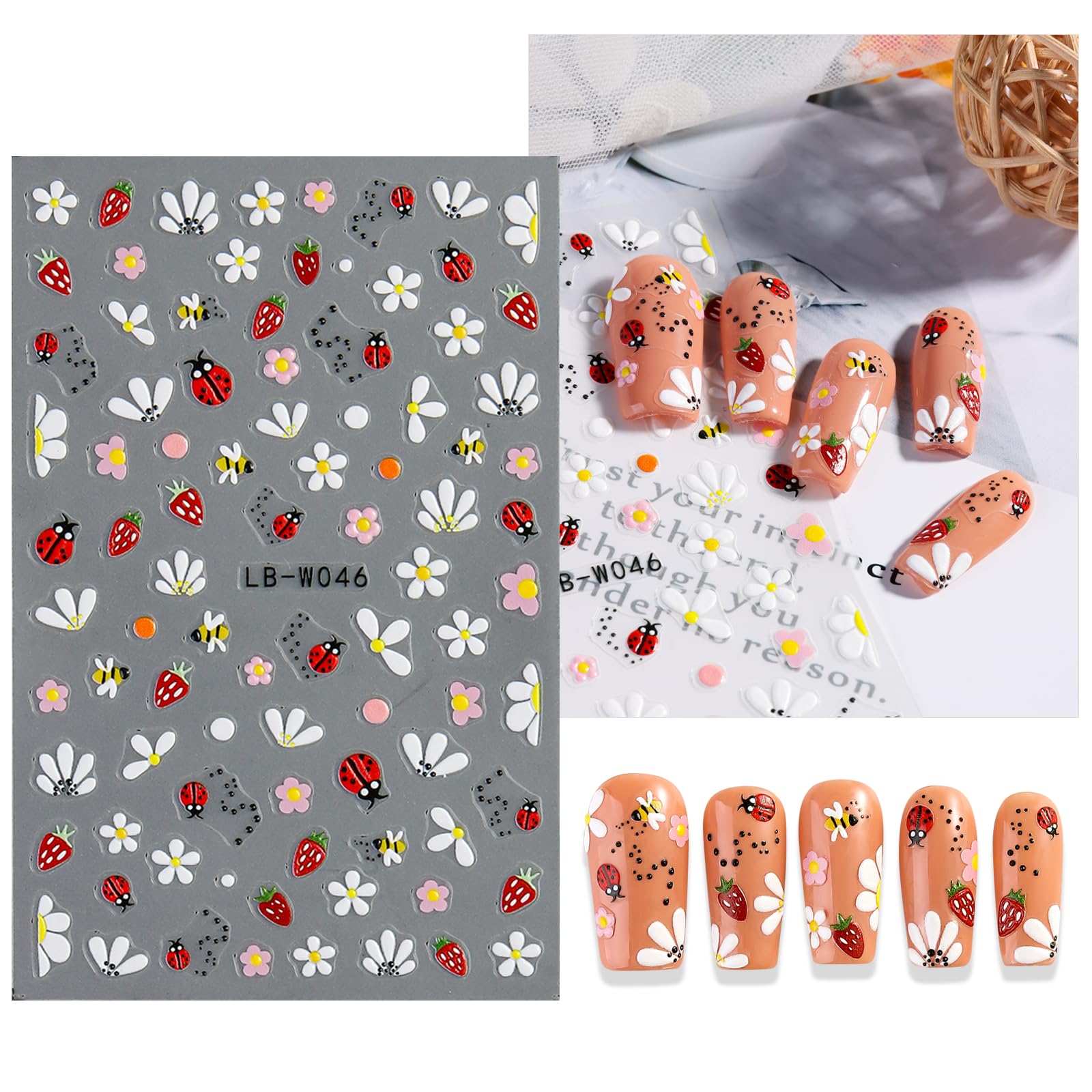 5D Self-Adhesive 3D Strawberry Nail Art Stickers - 5 Sheets Embossed Flower Fruit Ladybug Nail Decals for Spring Summer Nail Designs | DIY Manicure, Salon Nail Art, Party Nail Decorations