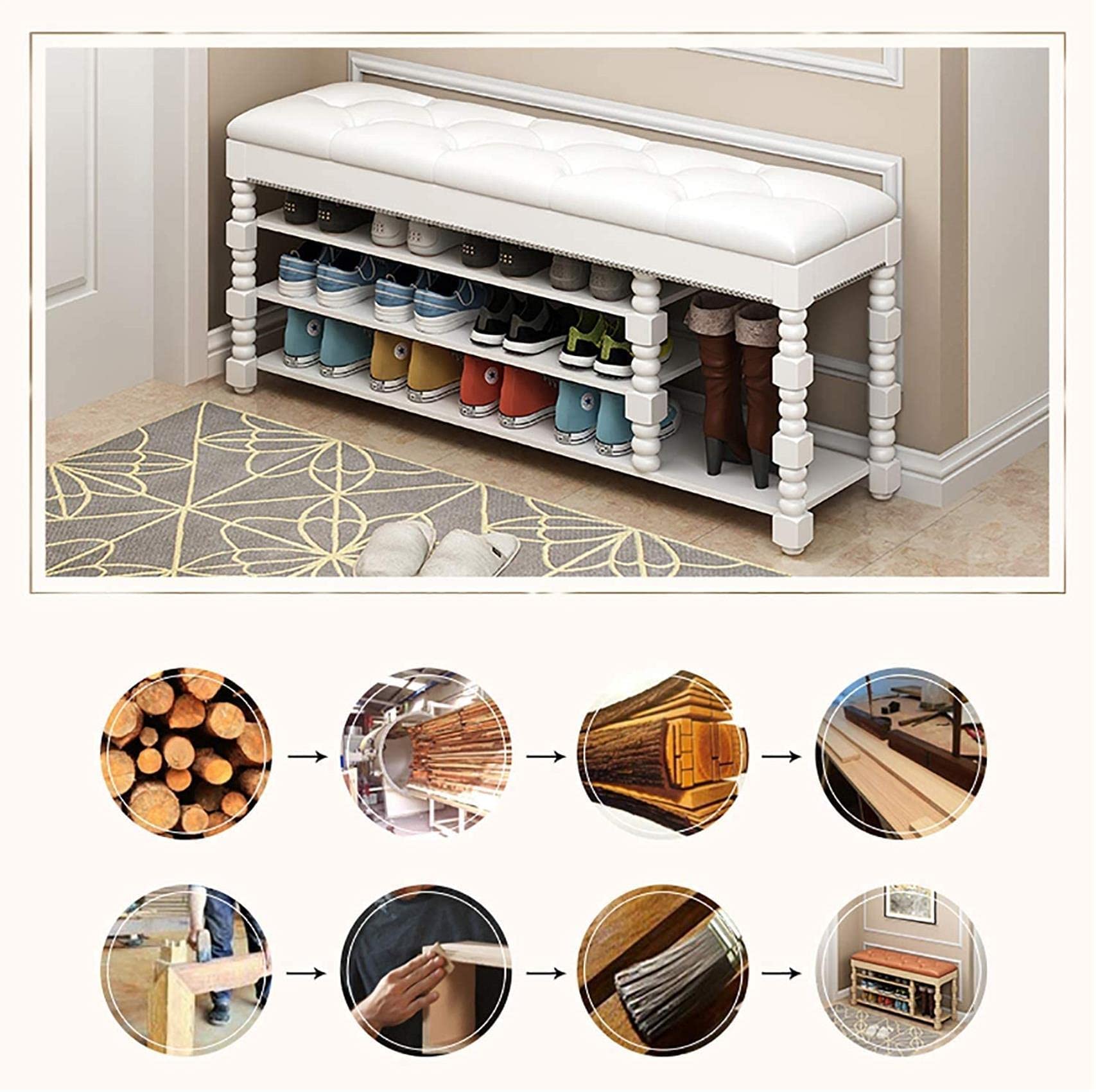 Solid Wood Entryway Storage Bench with Shoe Rack - Multifunctional Foot Stool, Seat & Ottoman for Hallway, Living Room & Bedroom Organization