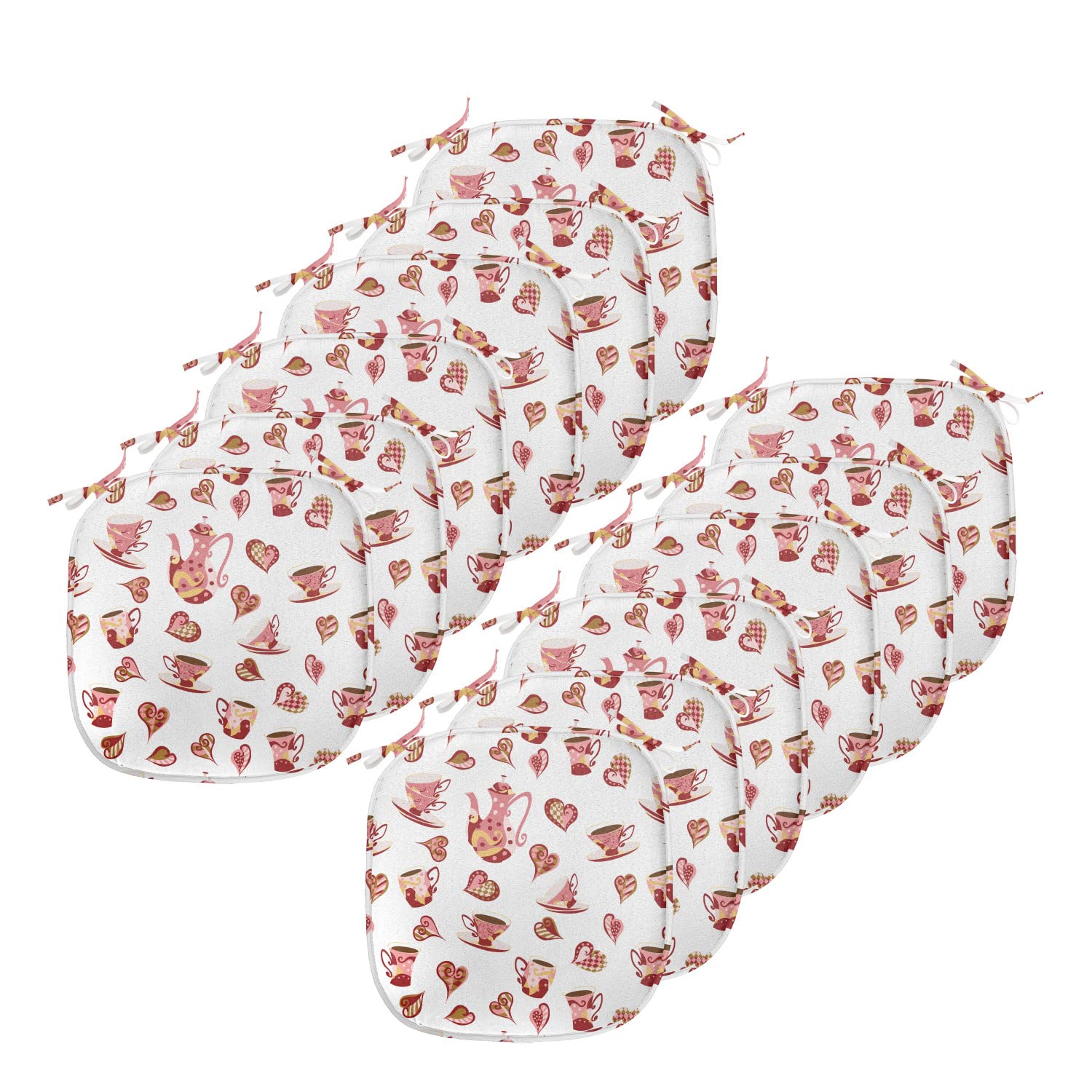 Lunarable Tea Party Chair Cushions Set of 12 - Vibrant Coffee Cup & Teapot Heart Doodle Design - 16x16 Inch Non-Slip Seat Pads for Kitchen, Patio, and Outdoor Dining - Pale Pink & Red Home Decor for Garden Parties and Afternoon Tea Gatherings