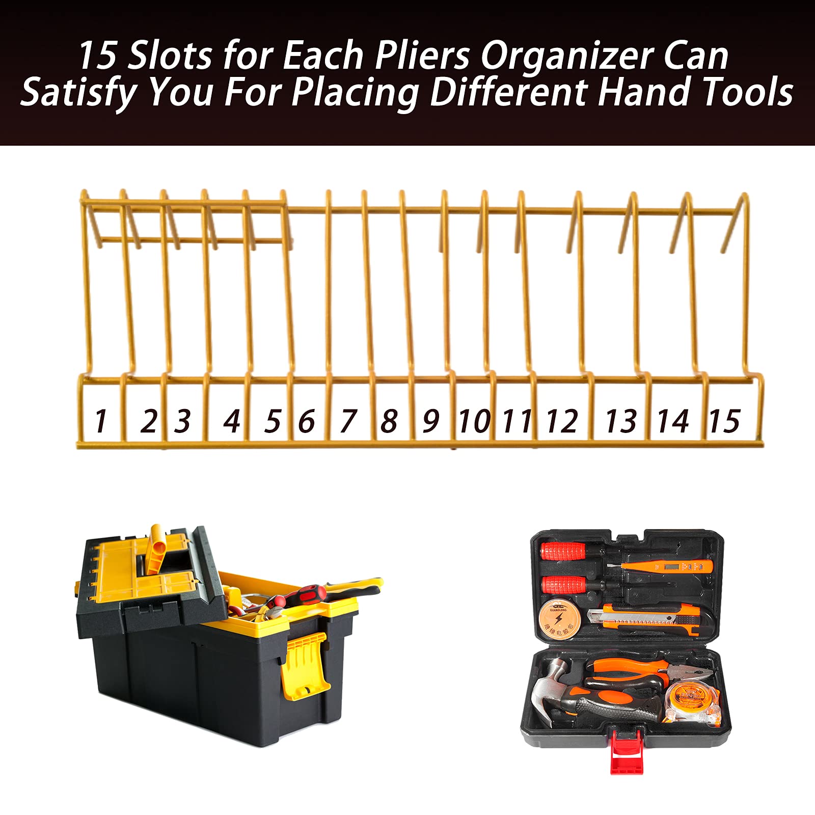 2 Pack Heavy-Duty Black Steel Plier Organizer Rack for Toolbox - 3 Size Slots Fits Most Pliers, Professional Quality (Gold) | Perfect for Workshop, Garage & DIY Projects