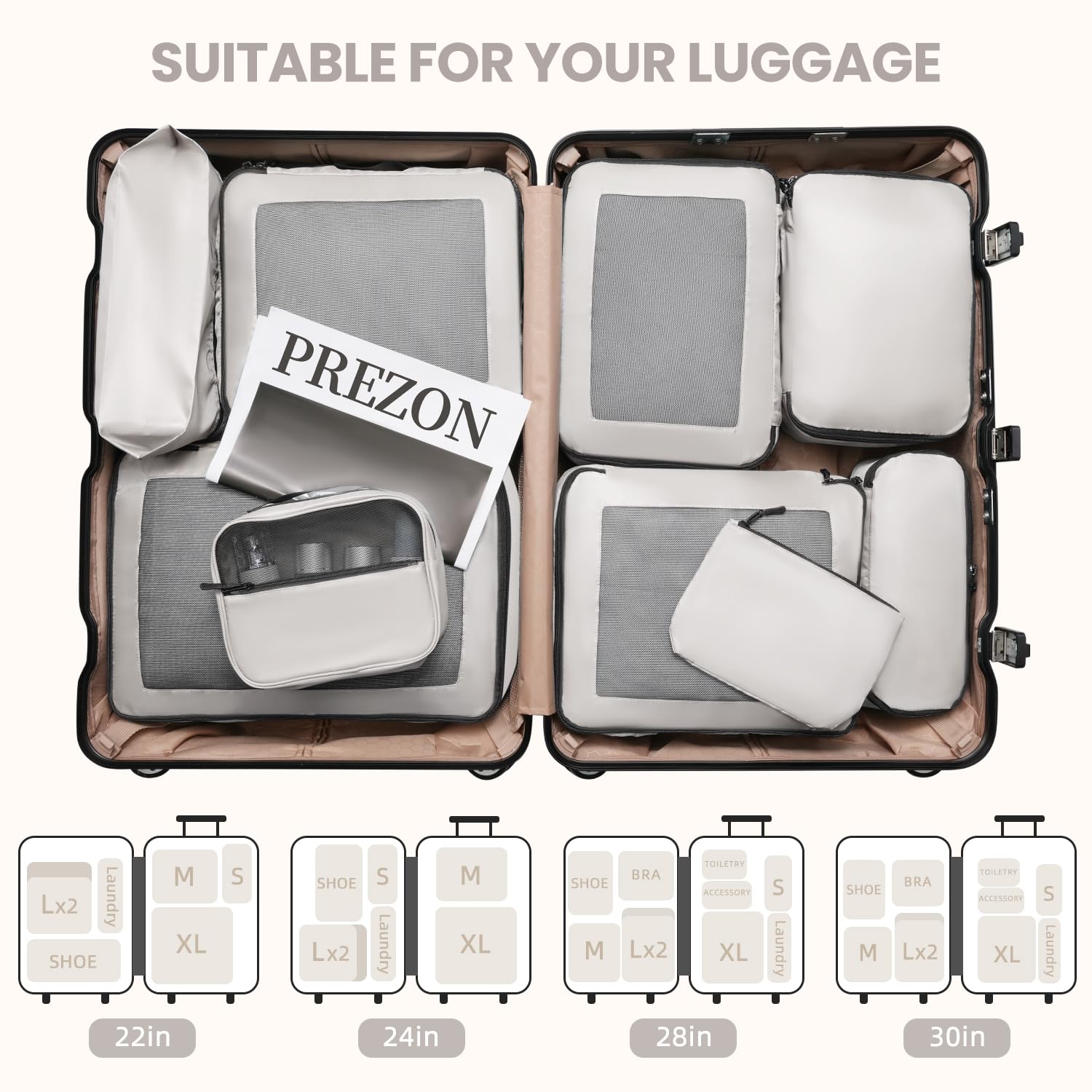 Premium 10-Piece Packing Cubes Set for Travel - Durable Luggage Organizer in Cream (XL/L/M/S) - Perfect for Toiletries, Underwear, Shoes & Travel Essentials - Ideal Women's Gift for Business Trips, Vacations & Weekend Getaways