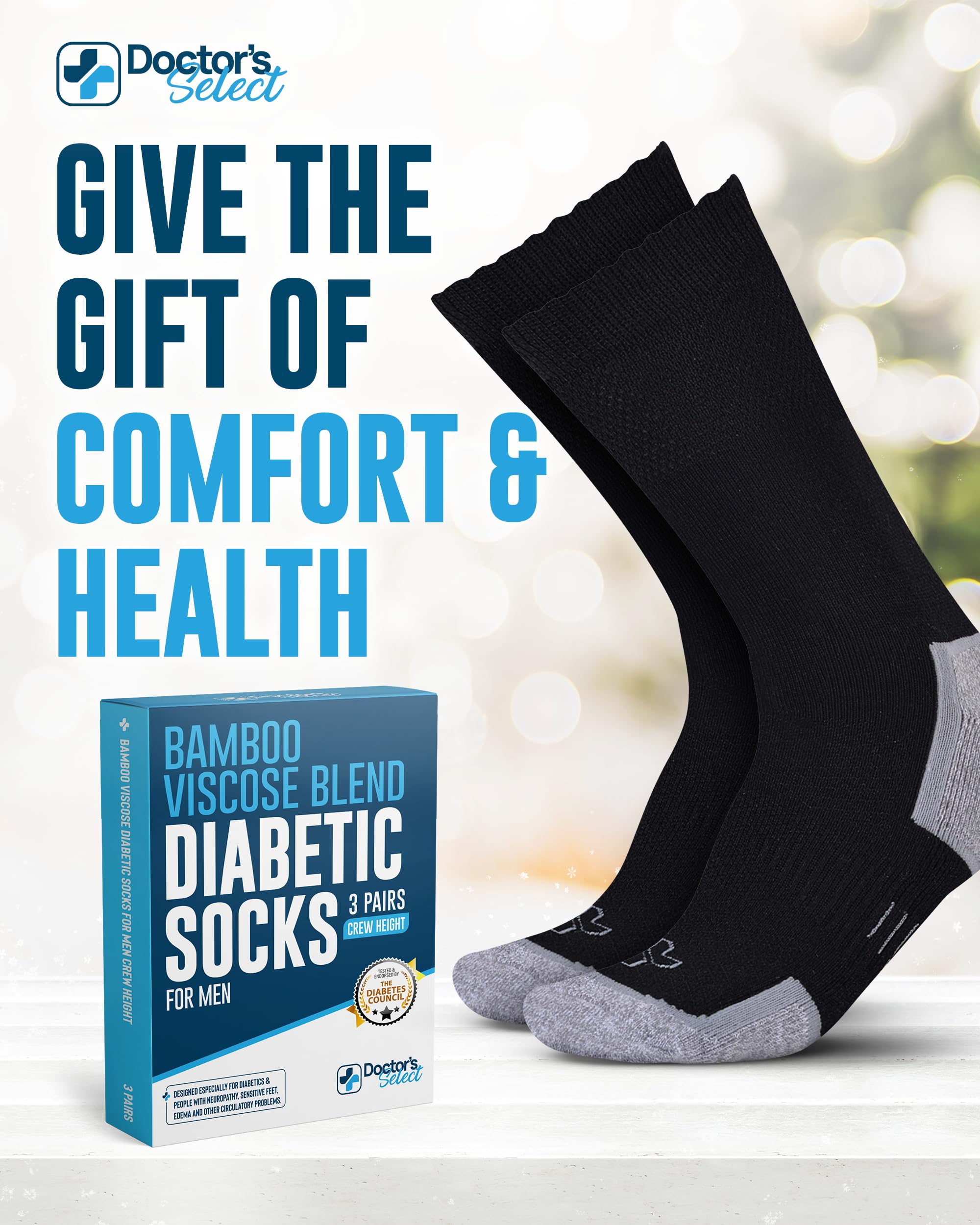 Doctor's Select Bamboo Viscose Diabetic Socks for Men - 3 Pairs Crew Socks for Neuropathy & Circulation | Breathable Comfort for Diabetic Foot Care | Ideal for Daily Wear, Work & Travel