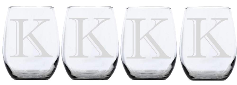 Personalized Stemless Wine Glasses 4pk - Monogrammed Letter K for Parties & Gifts