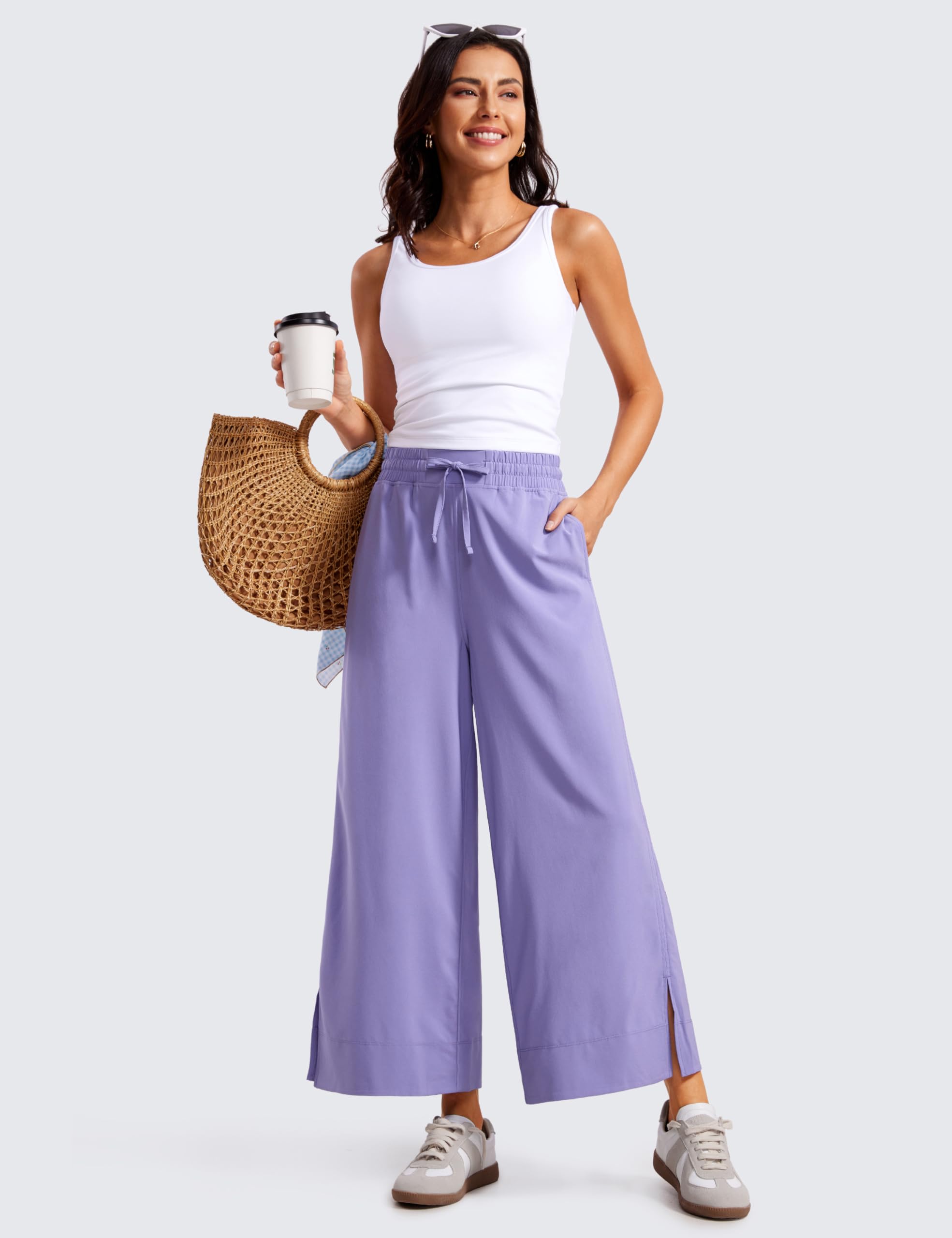 CRZ YOGA Women's Lightweight Wide Leg Cropped Pants - High Waisted Loose Lounge Pants with Pockets for Casual, Travel & Work | Summer Yoga, Beach Cover Up, Airport Outfit