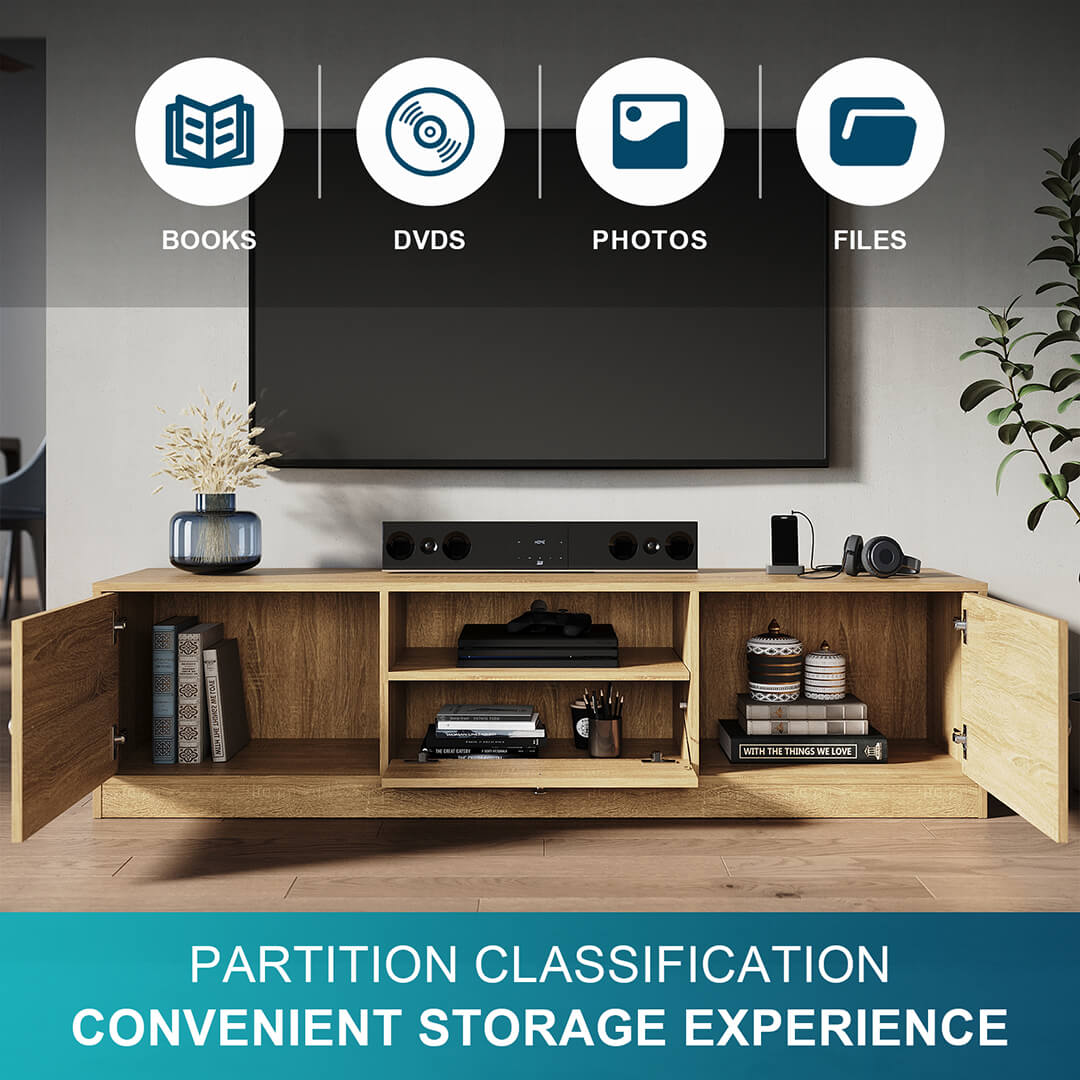 1600mm Natural Wood TV Stand with 1 Open Shelf & 3 Closed Cabinets - Modern Entertainment Center for Living Room, Bedroom, and Home Theater