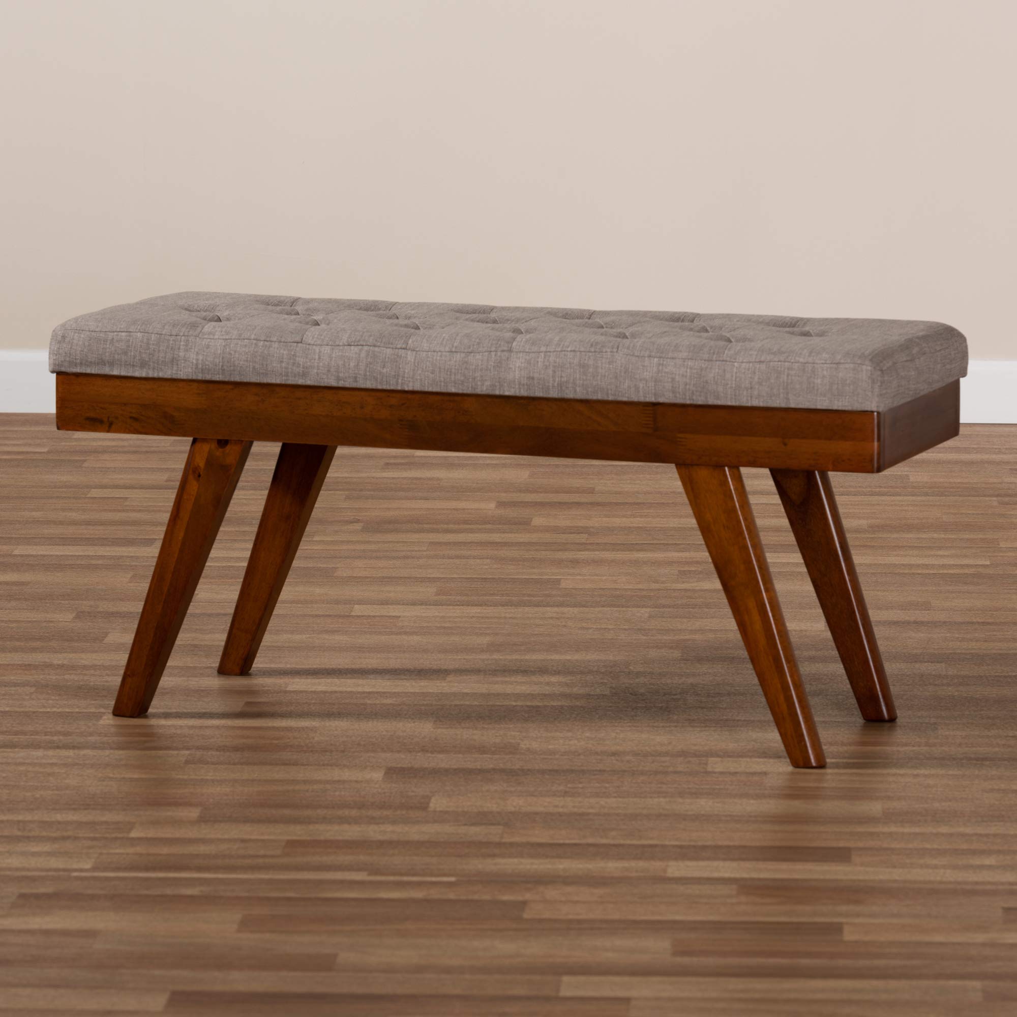 Baxton Studio Alona Mid-Century Modern Light Grey Fabric Upholstered Wood Dining Bench - Stylish Seating for Kitchen, Dining Room & Entryway