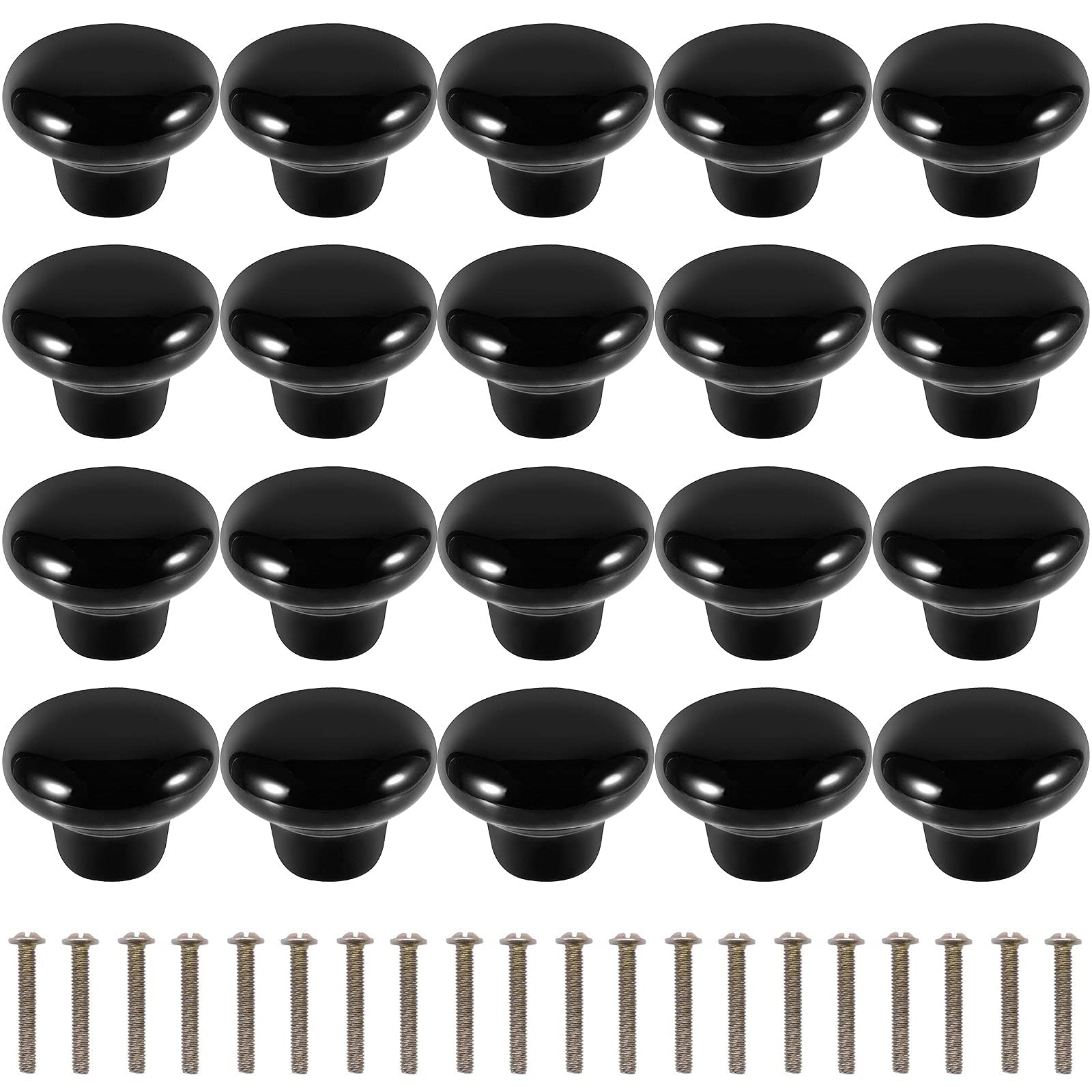 20 Pack Black Glossy Vintage Ceramic Cabinet Knobs - Premium Drawer Pull Handles with 20 Long Screws for Kitchen Cabinets, Bathroom Vanity, Dresser & Home Office Furniture (Durable & Stylish Hardware)