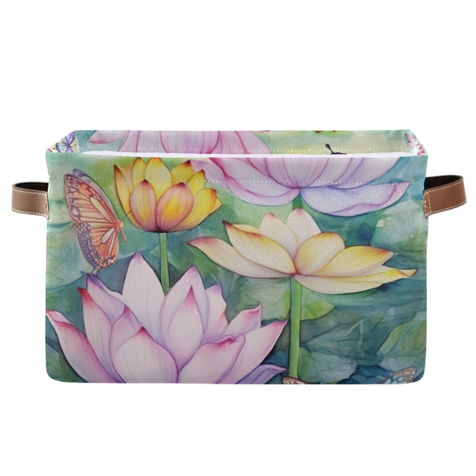 Lotus Painting Foldable Fabric Storage Baskets - 2 Pack Rectangle Canvas Organizer with Handles for Clothes, Home & Office Organization | Perfect for Closet Shelves, Bedroom Decor & Laundry Room Storage