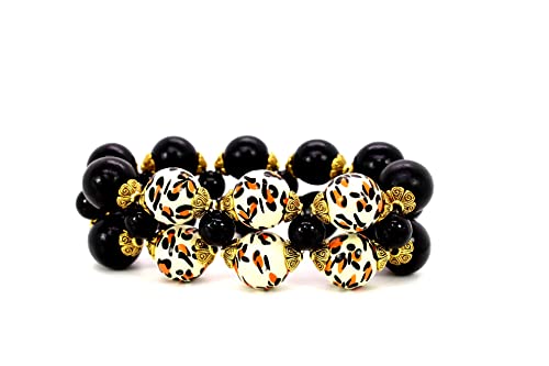 Chunky Black White Gold Orange Beaded Stretch Bracelet for Women & Teens - Animal Print Cheetah Leopard Design - Wide Flower Bead Fashion Jewelry for Casual Wear, Parties & Gifts