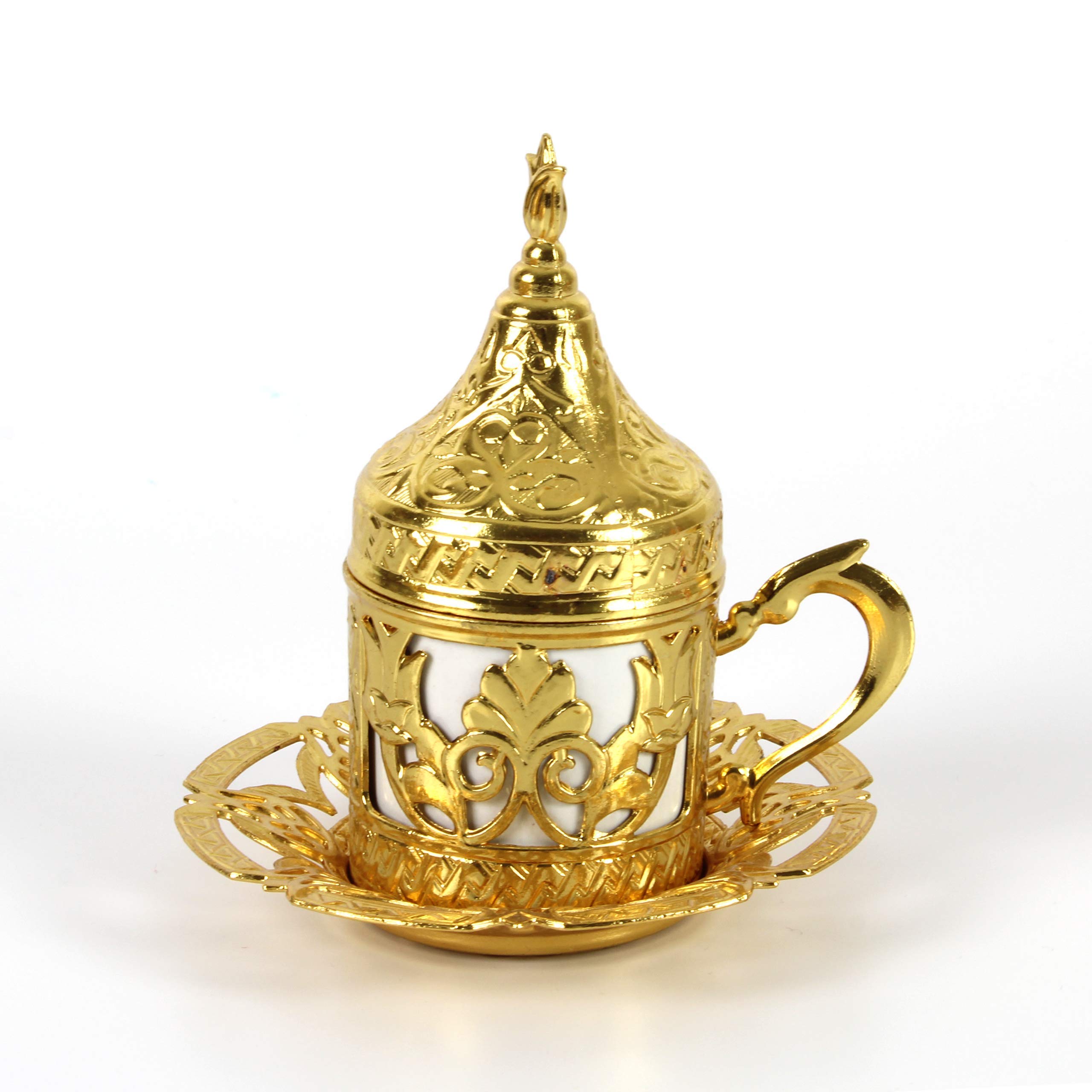 27-Piece Handmade Turkish Coffee Set with Gold Zamak Cups, Saucers, Sugar Bowl & Tray - 6-Person Espresso & Tea Serving Set - Perfect for Home Entertaining, Gift Giving & Traditional Coffee Ceremonies (CS6-203)